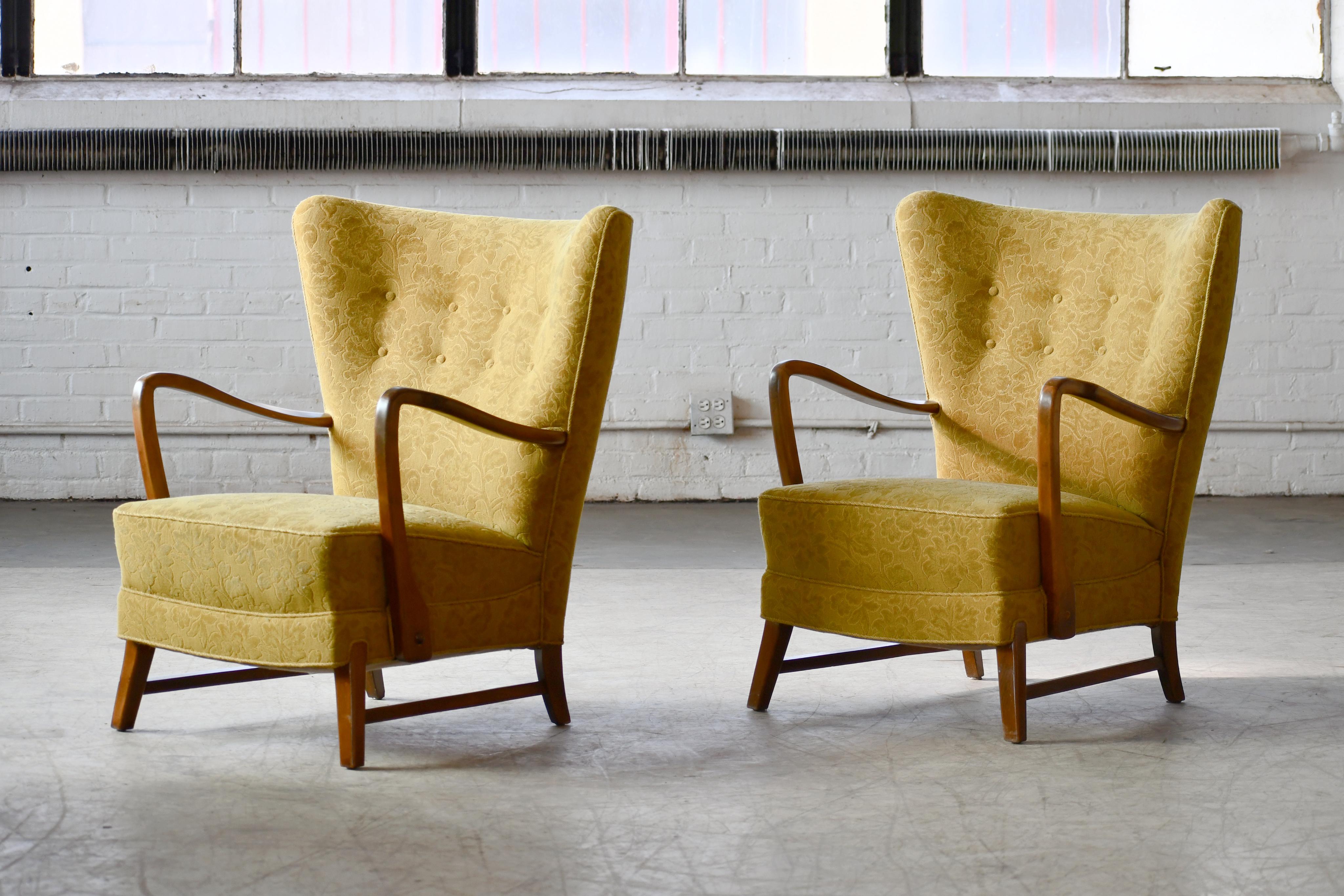 Mid-Century Modern Pair of Danish 1940s Midcentury Fritz Hansen Style High Back Lounge Chairs