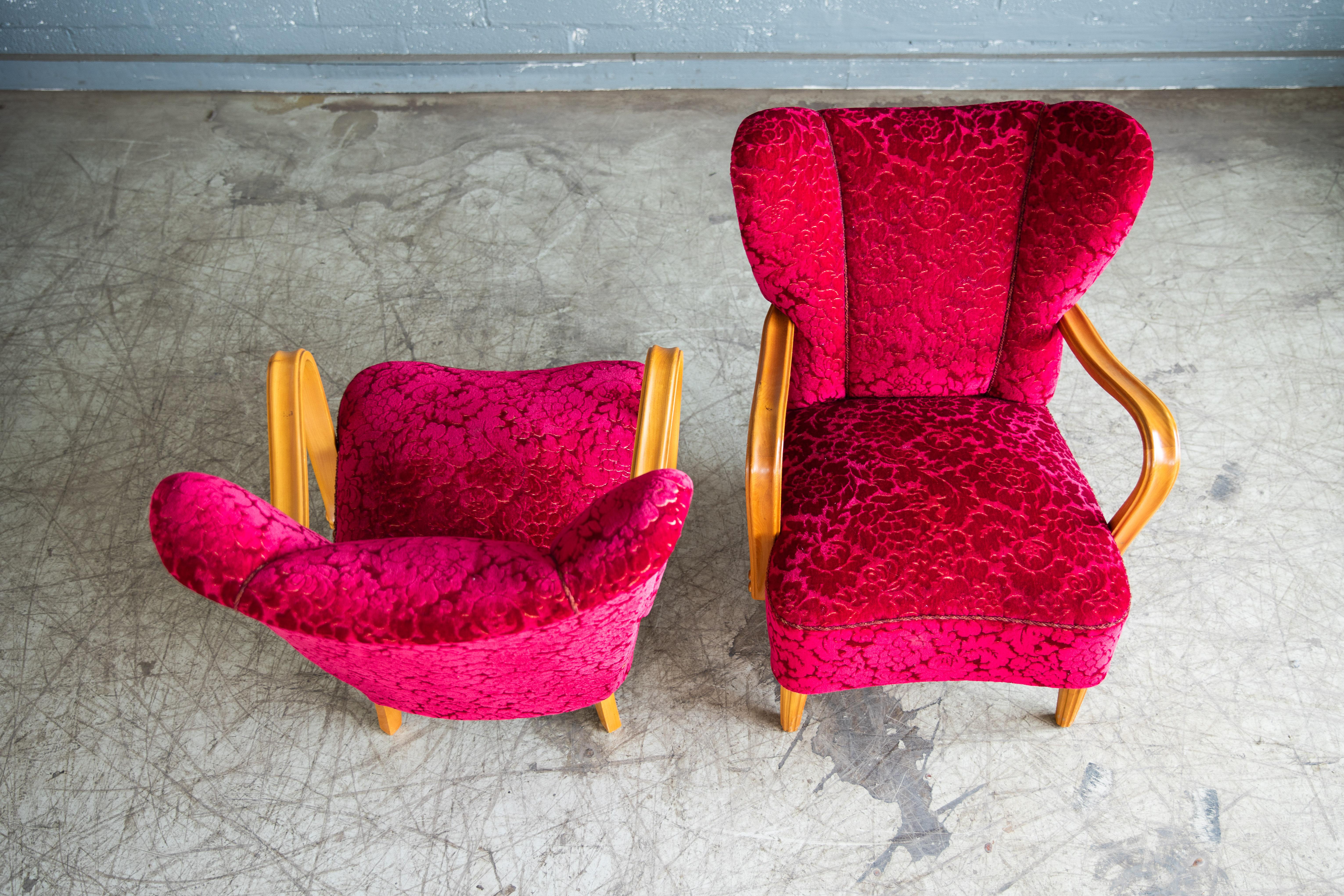 Beech Pair of Danish 1940s Midcentury Fritz Hansen Style Low Back Lounge Chairs  For Sale