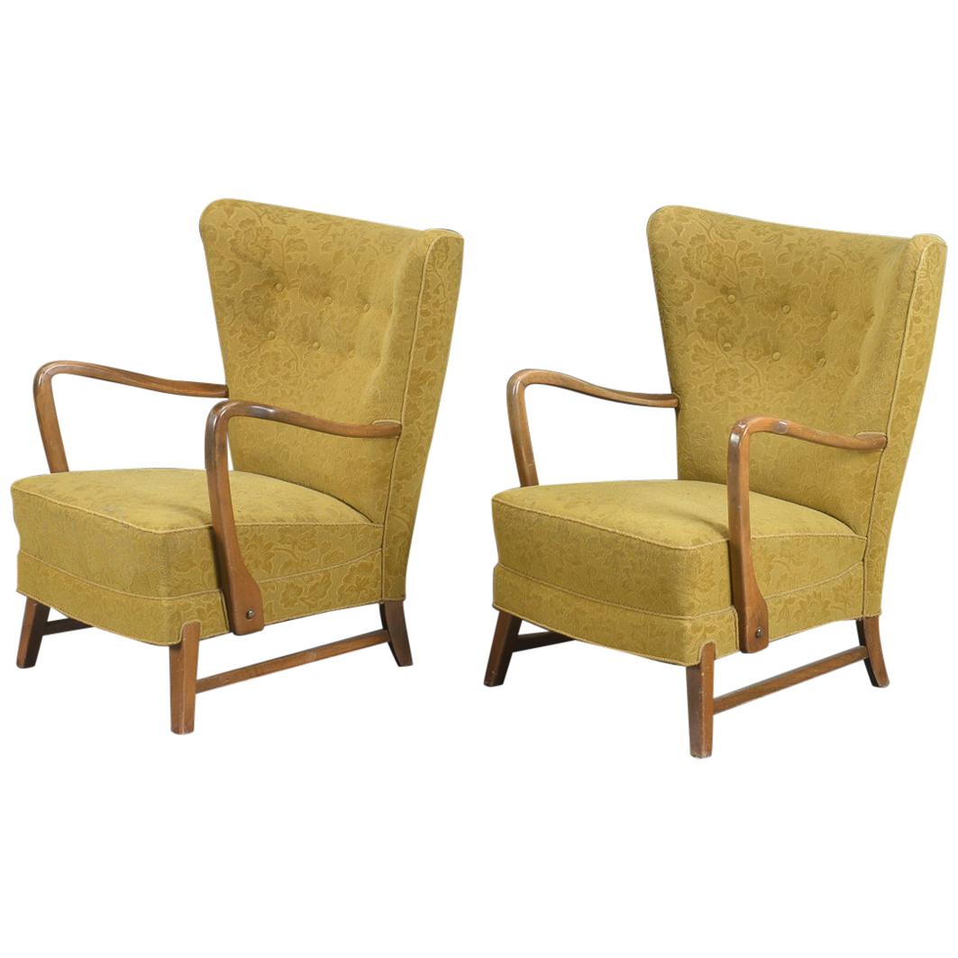 Pair of Danish 1940s Midcentury Fritz Hansen Style High Back Lounge Chairs