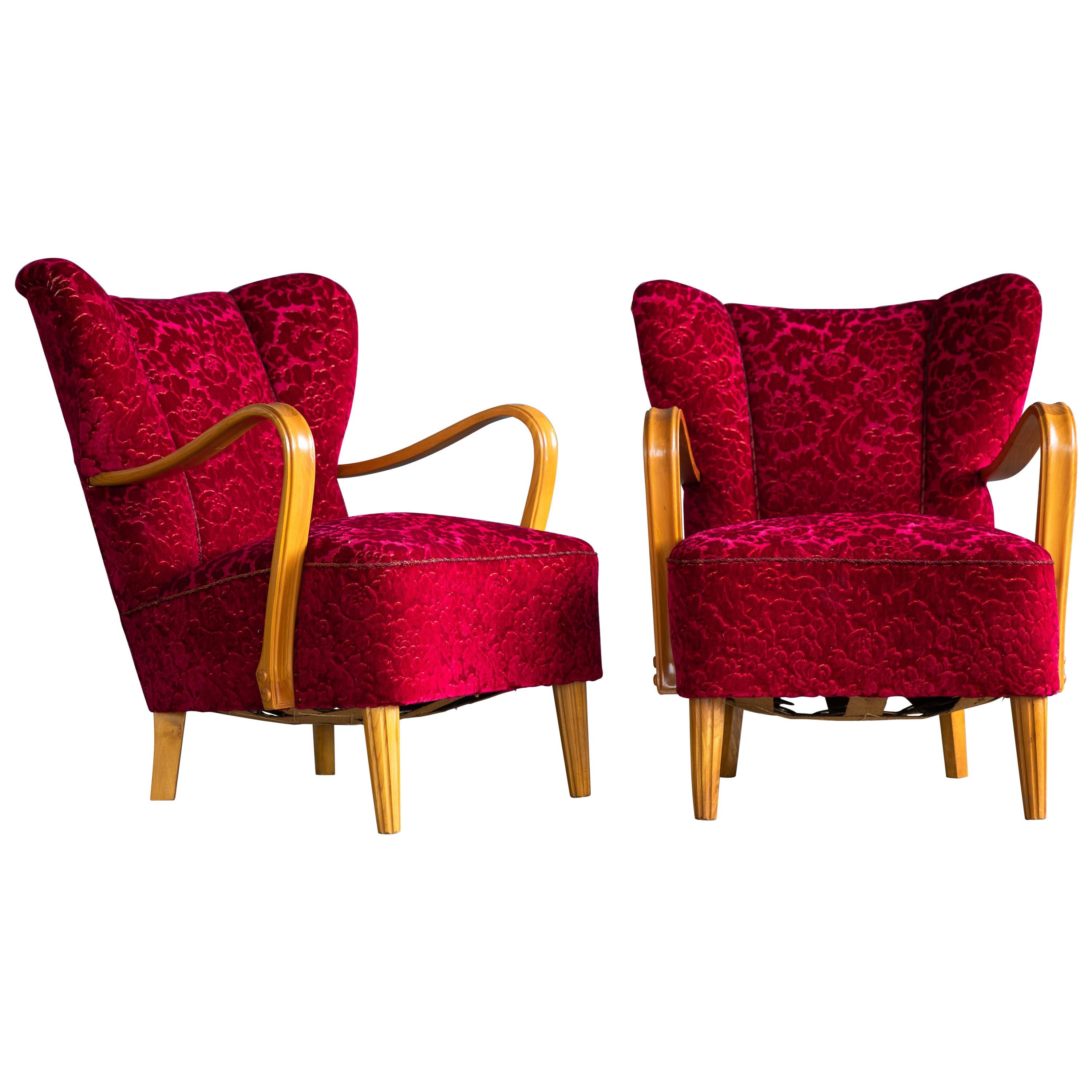 Pair of Danish 1940s Midcentury Fritz Hansen Style High Back Lounge Chairs 