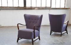 Pair of Danish 1940s Open Armrests High Back Lounge Chairs Fritz Hansen Style