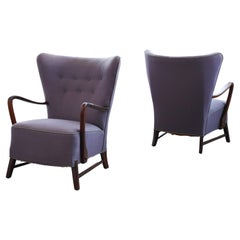 Pair of Danish 1940s Open Armrests High Back Lounge Chairs Fritz Hansen Style