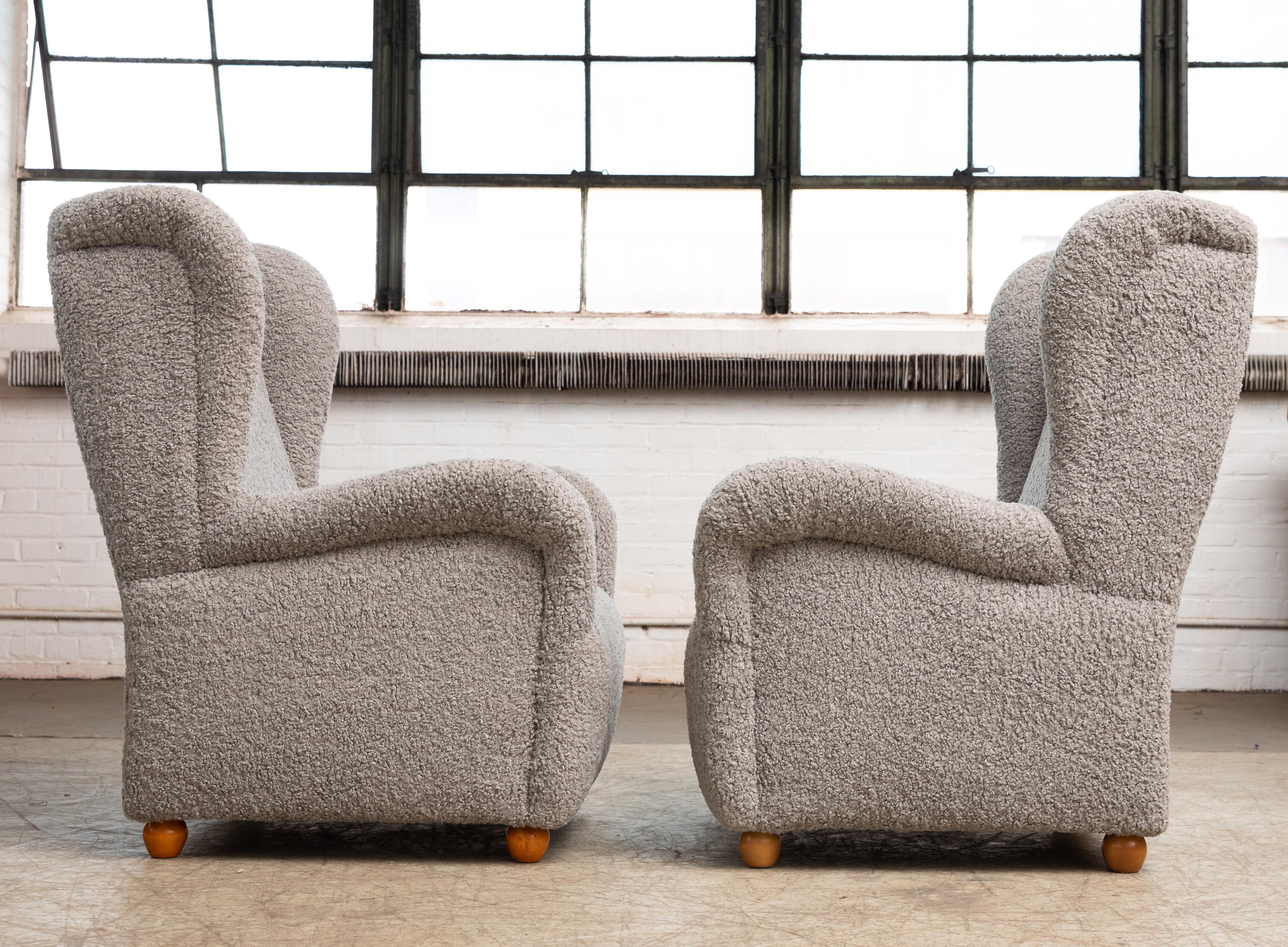 Pair of Danish 1940s Style Large Scale High Back Lounge Chairs 1