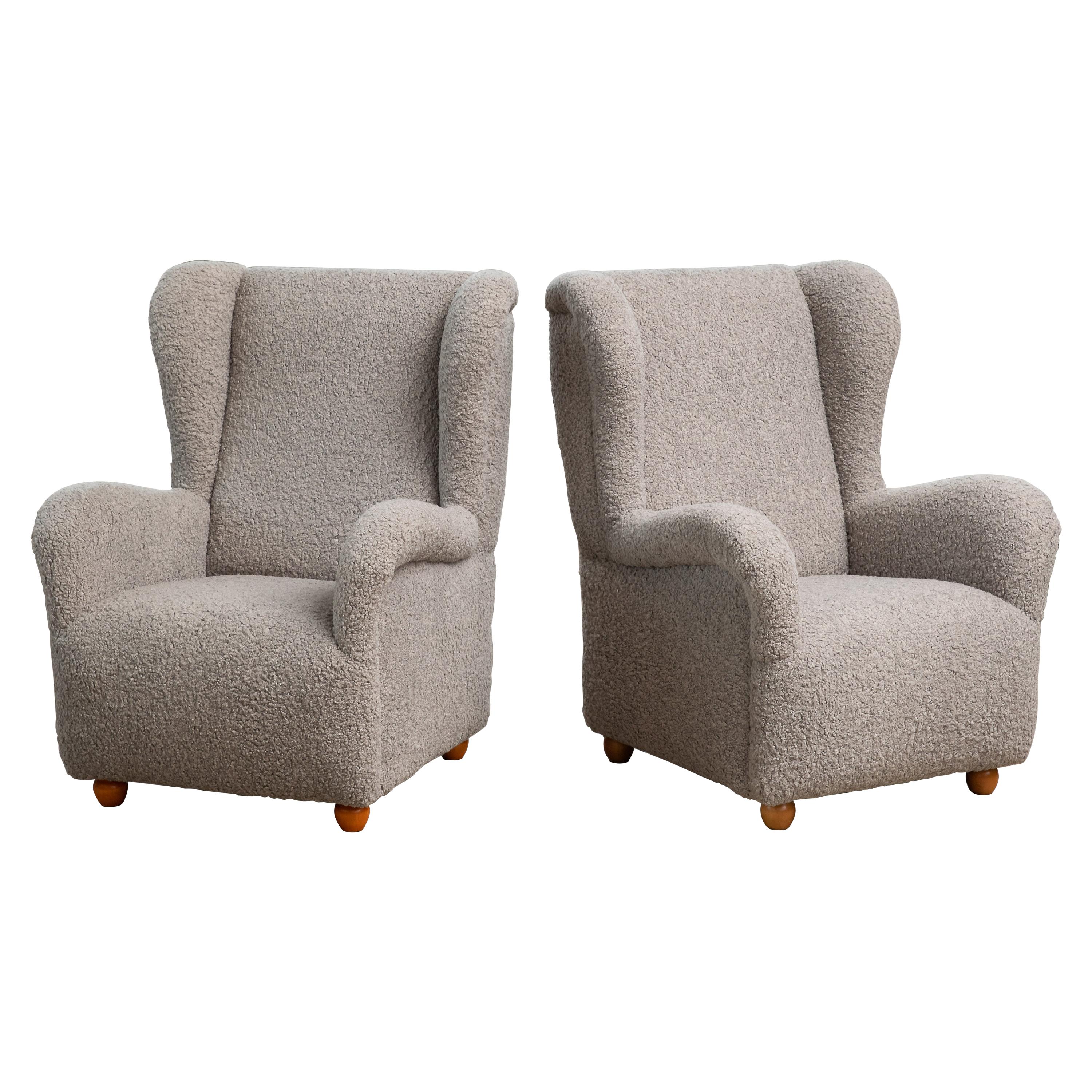 Pair of Danish 1940s Style Large Scale High Back Lounge Chairs