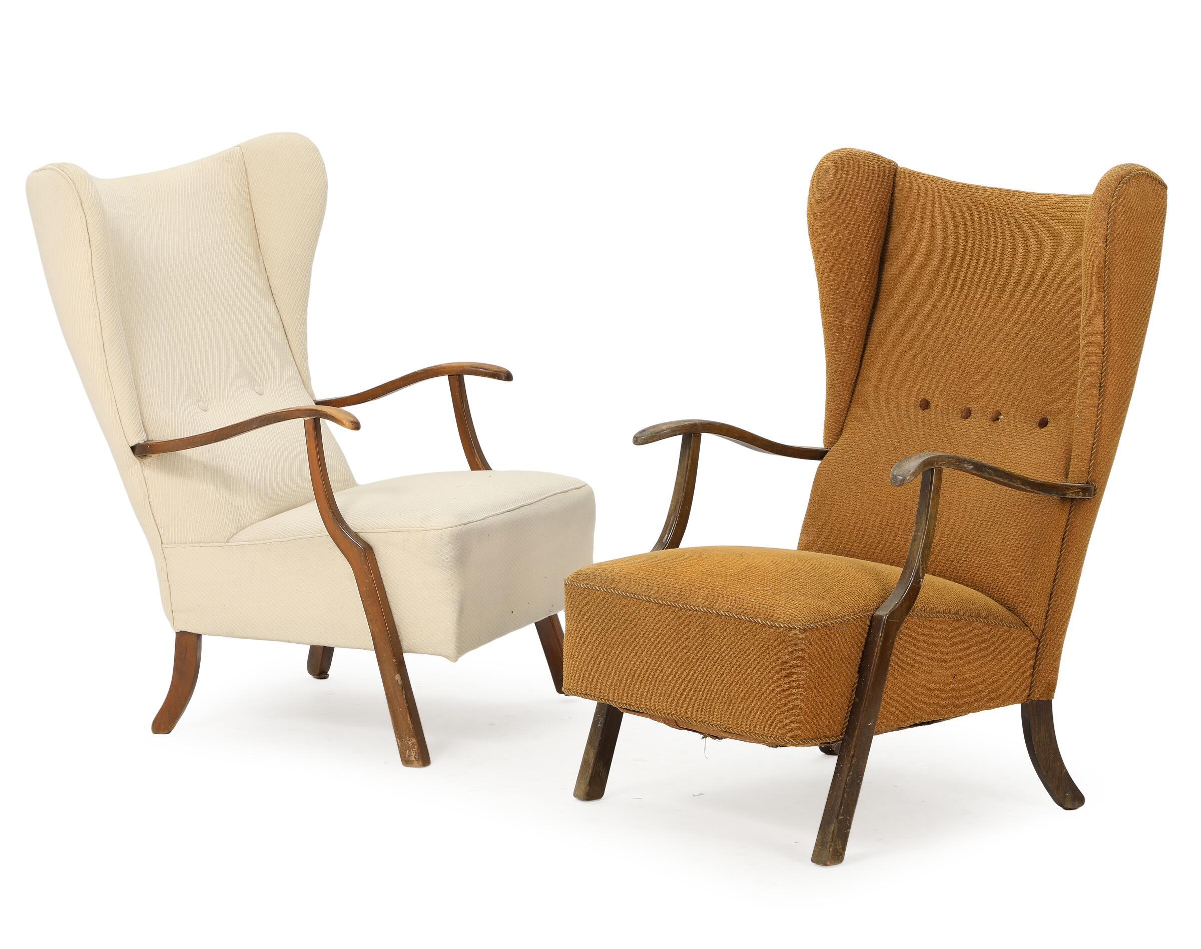 Stunning classic Danish pair of very comfortable high back armchair from the 1940s in the style of Fritz Hansen and Alfred Christensen with open armrests in beautifully carved stained beech. Nice slim elegant silhouette. Solid and sturdy