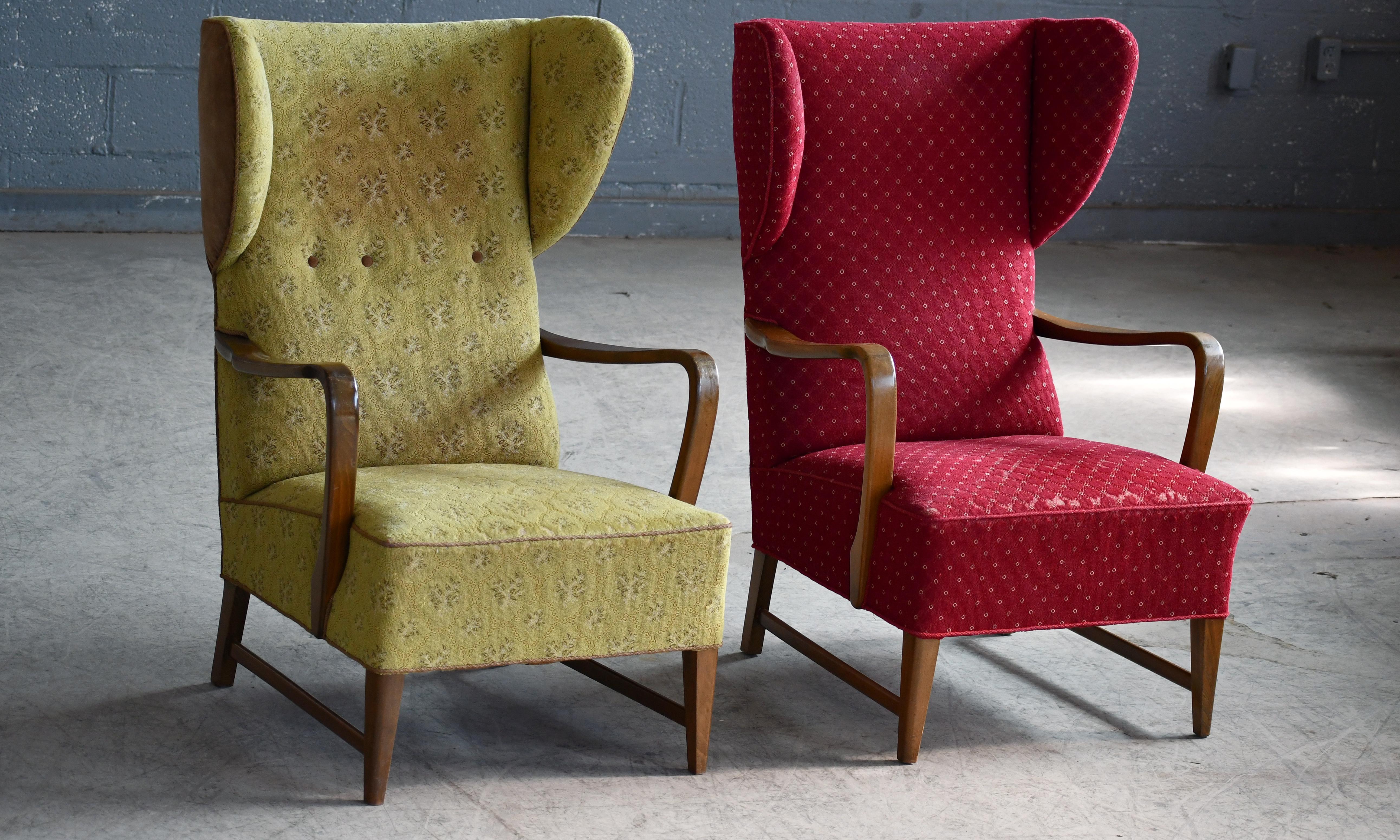 Mid-Century Modern Pair of Danish 1940s Wingback Lounge Chairs with Open Armrests
