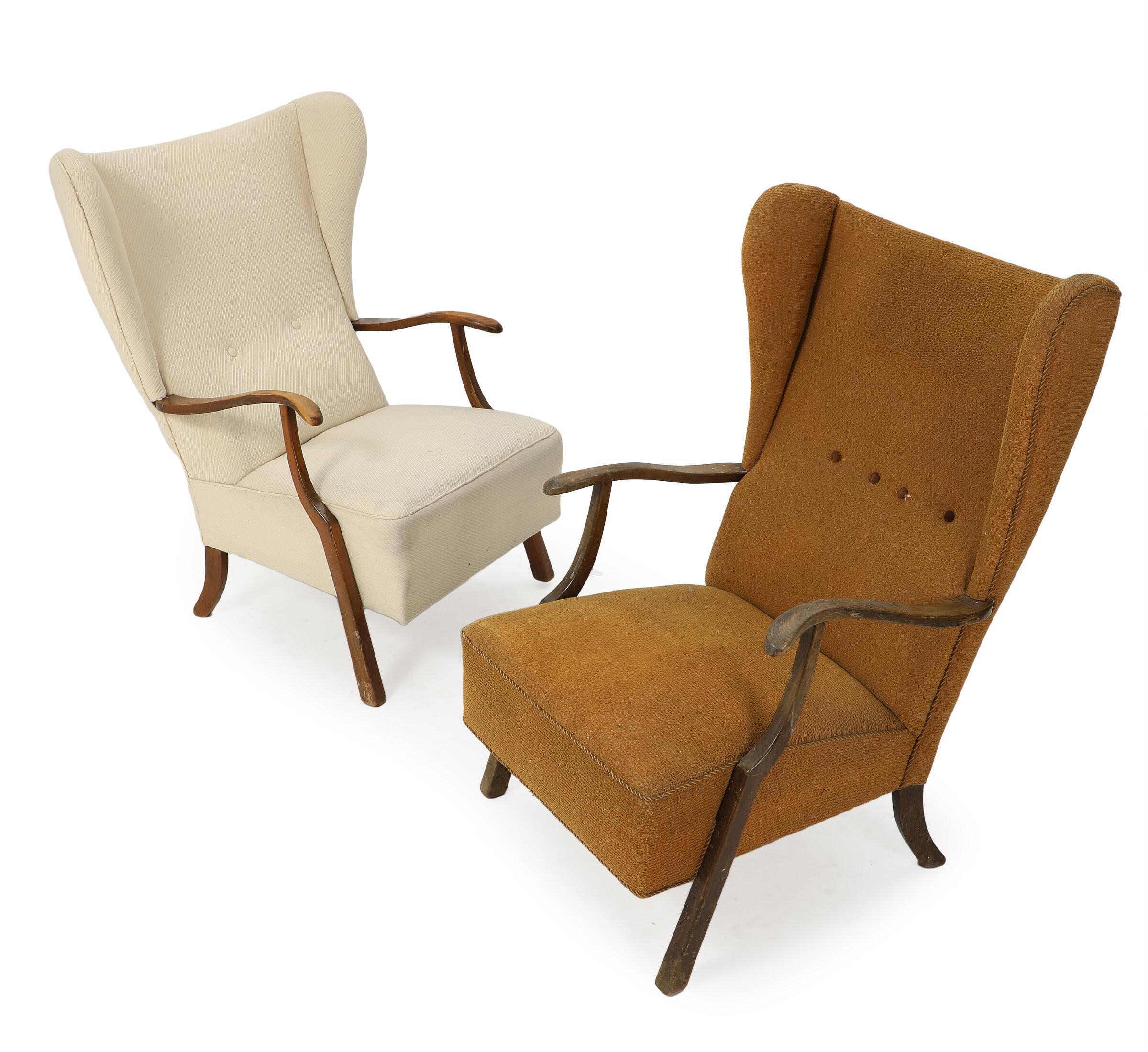 Mid-Century Modern Pair of Danish 1940s Wingback Lounge Chairs with Open Armrests For Sale
