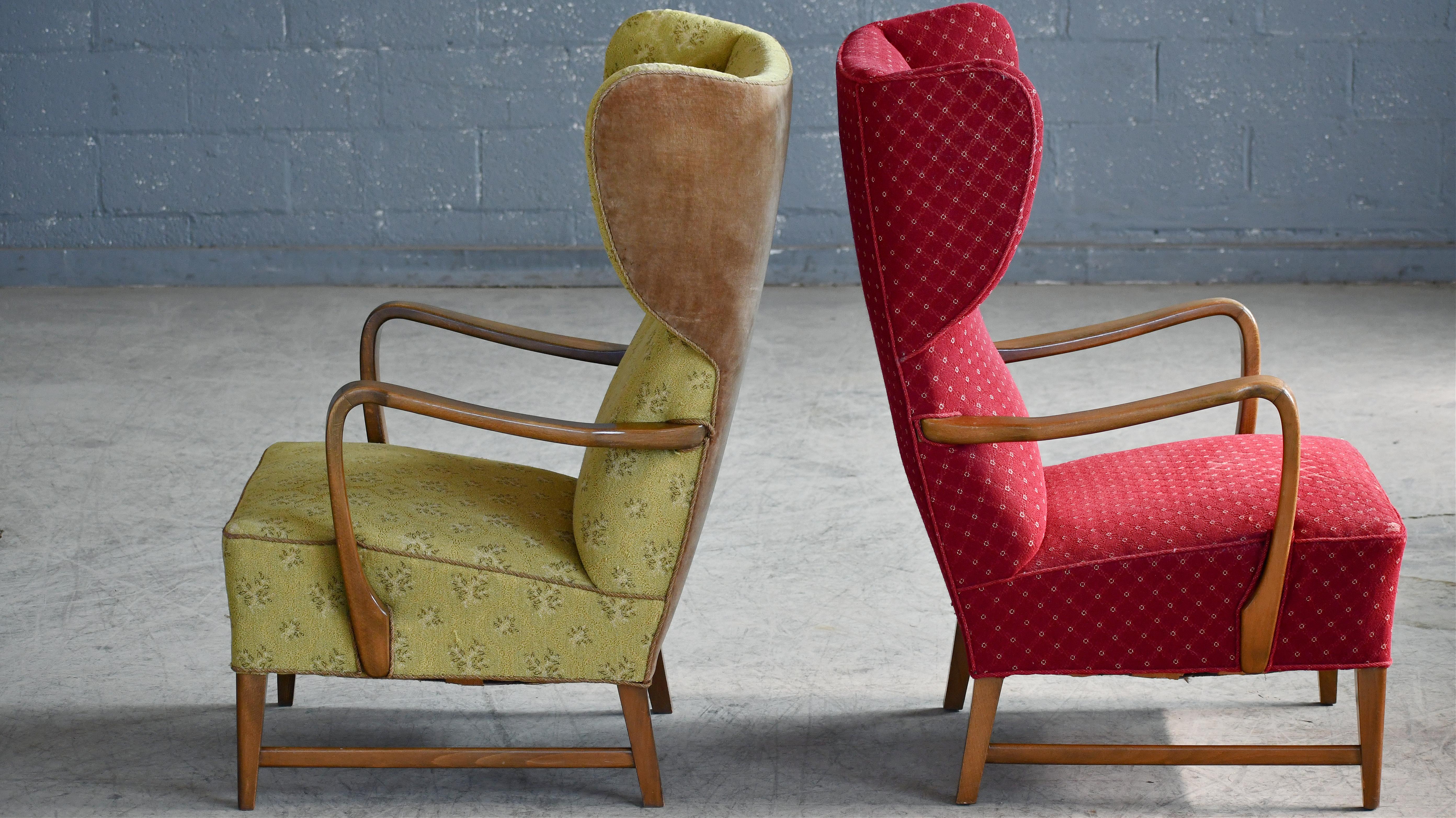 Mid-20th Century Pair of Danish 1940s Wingback Lounge Chairs with Open Armrests For Sale