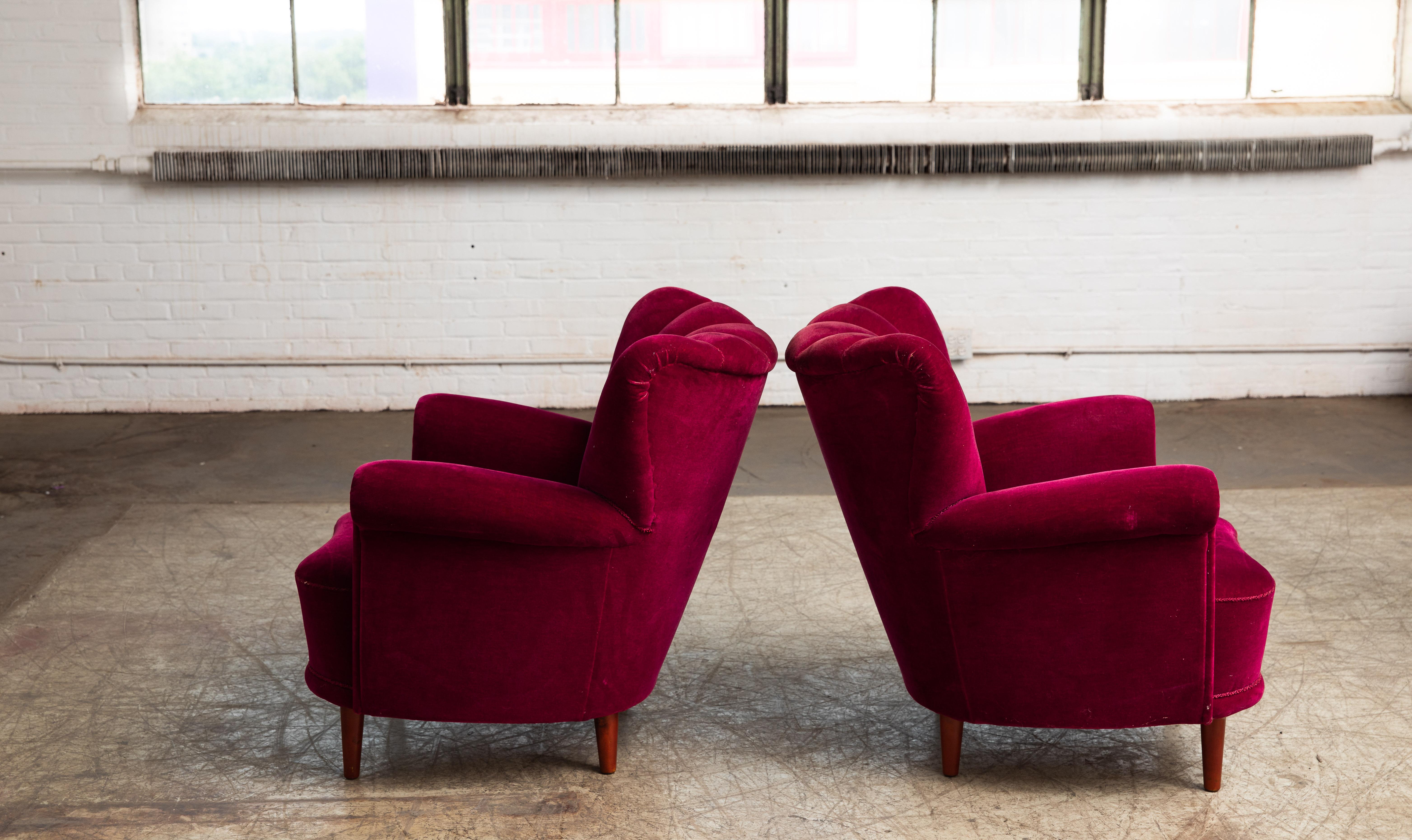 Mid-20th Century Pair of Danish 1950s Fritz Hansen Style Channel Back Lounge or Club Chairs