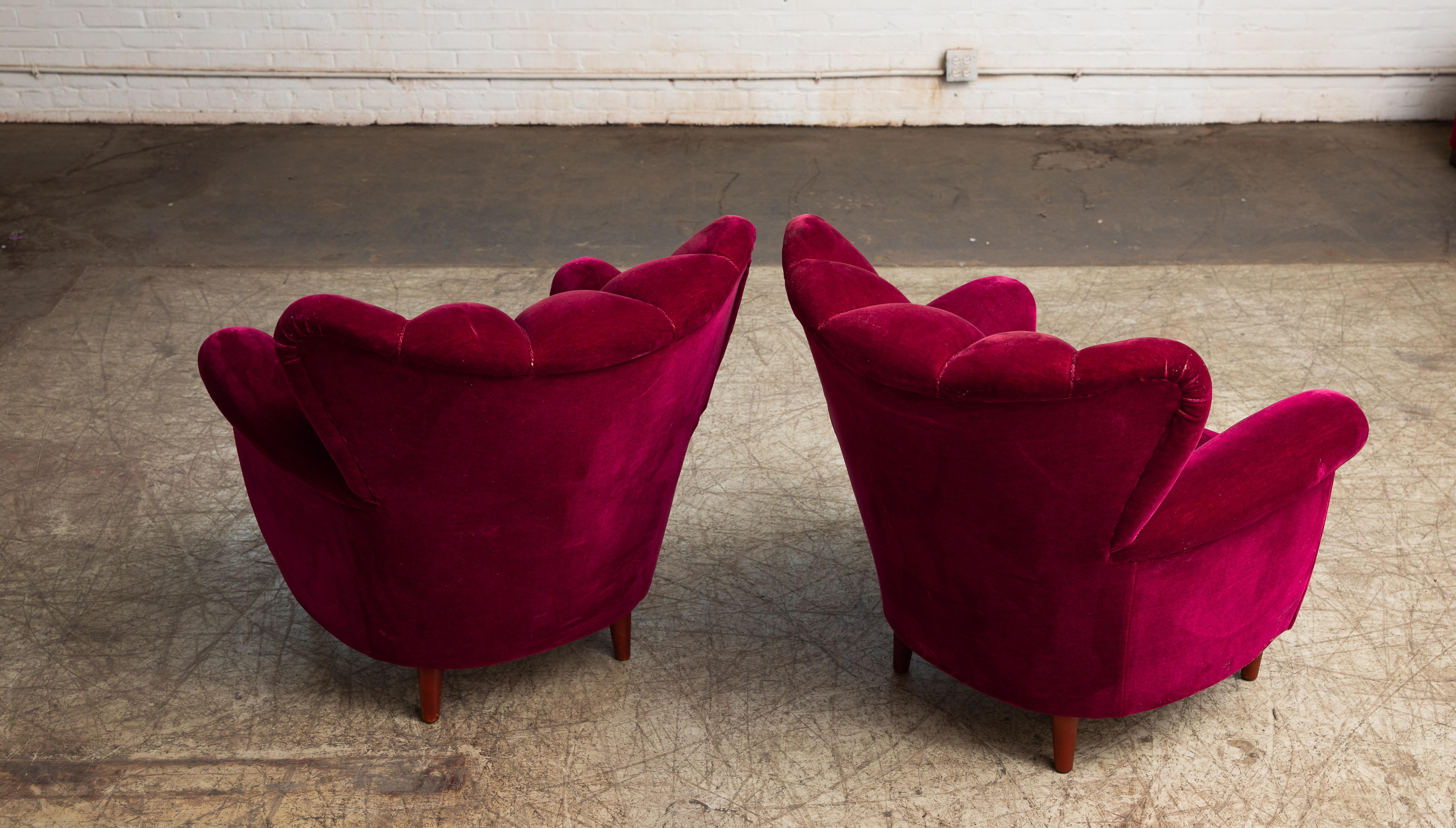 Mohair Pair of Danish 1950s Fritz Hansen Style Channel Back Lounge or Club Chairs