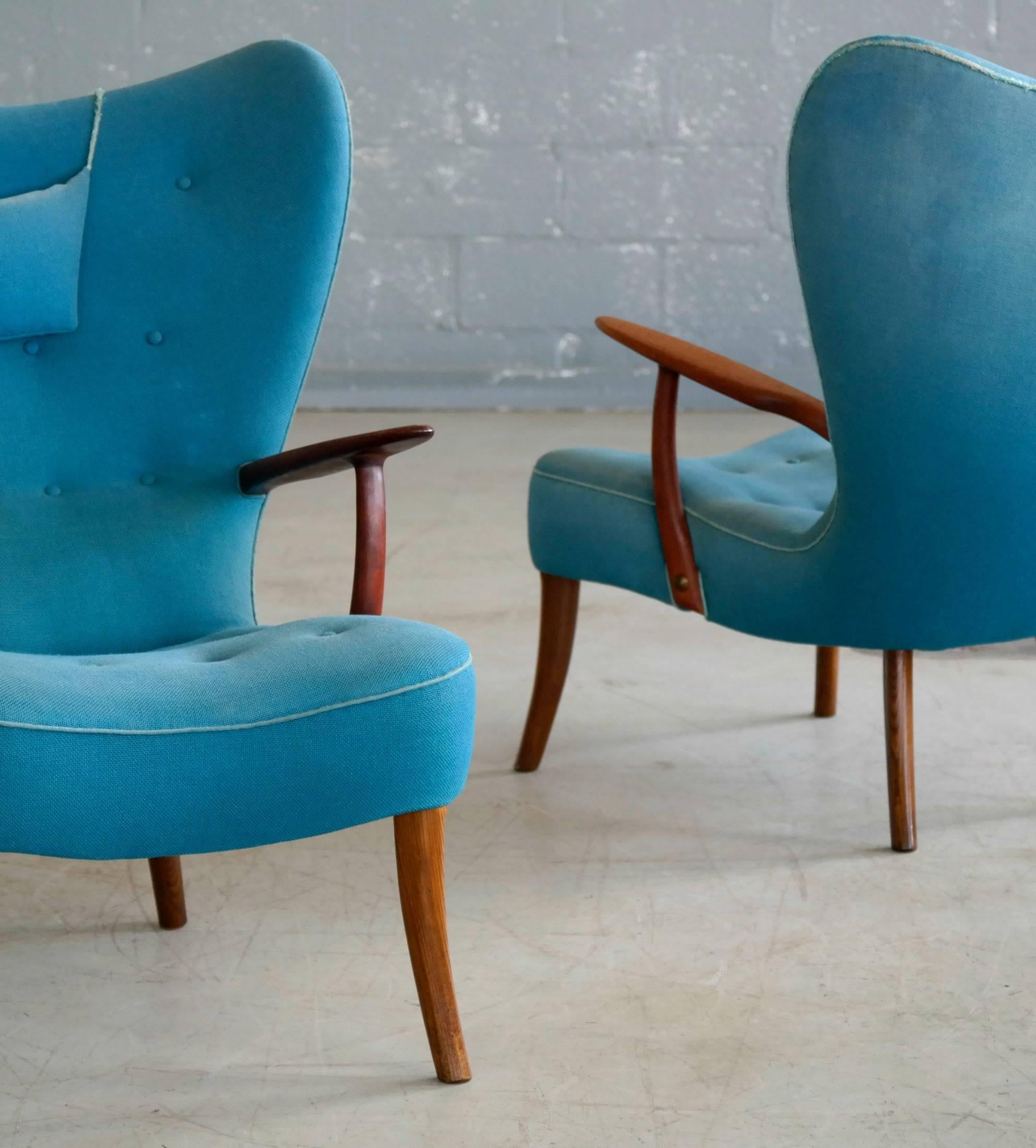 Pair of Danish 1950s High Back Lounge Chairs Model Pragh by Madsen and Schubell 7