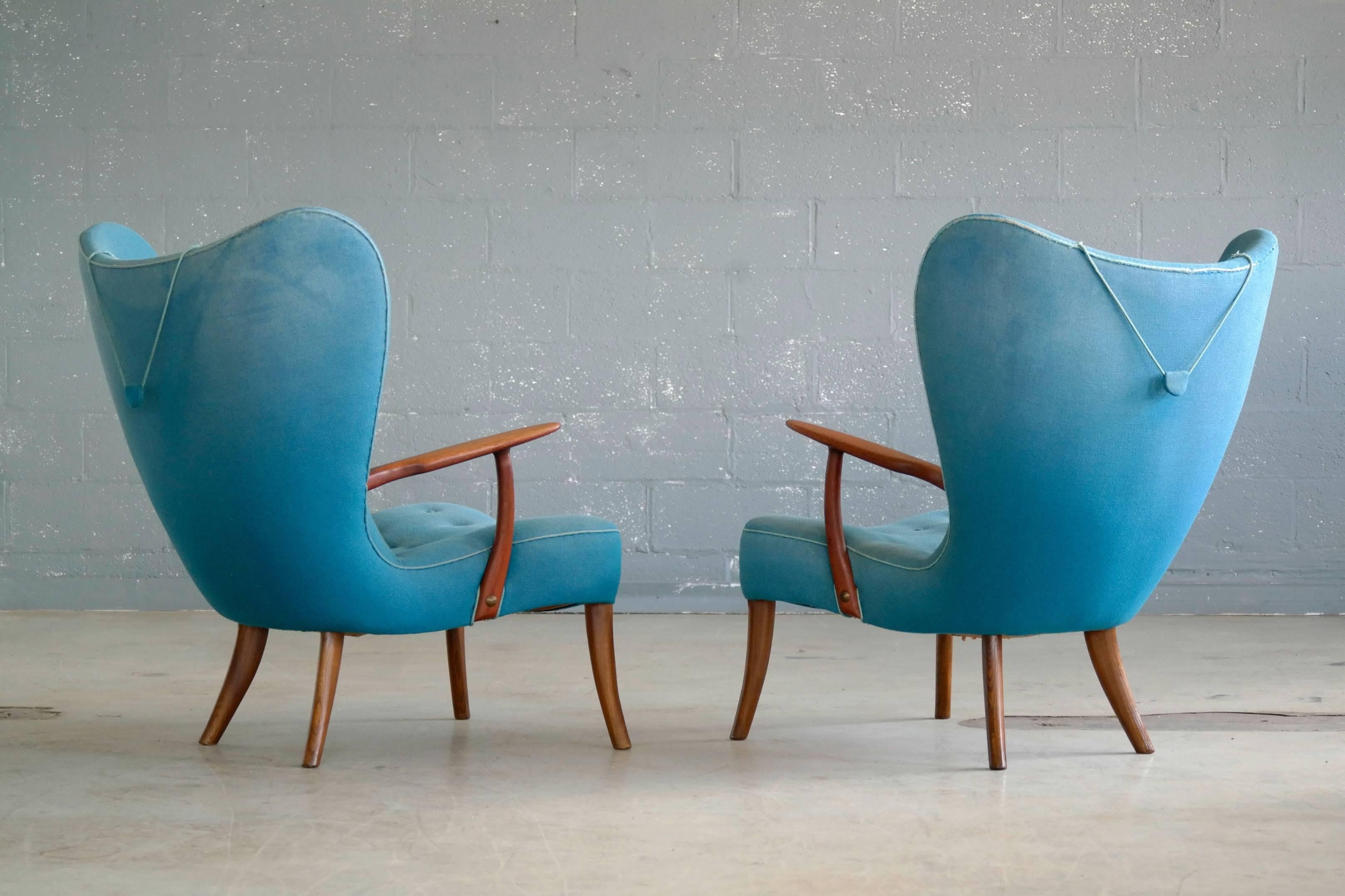 Pair of Danish 1950s High Back Lounge Chairs Model Pragh by Madsen and Schubell 9