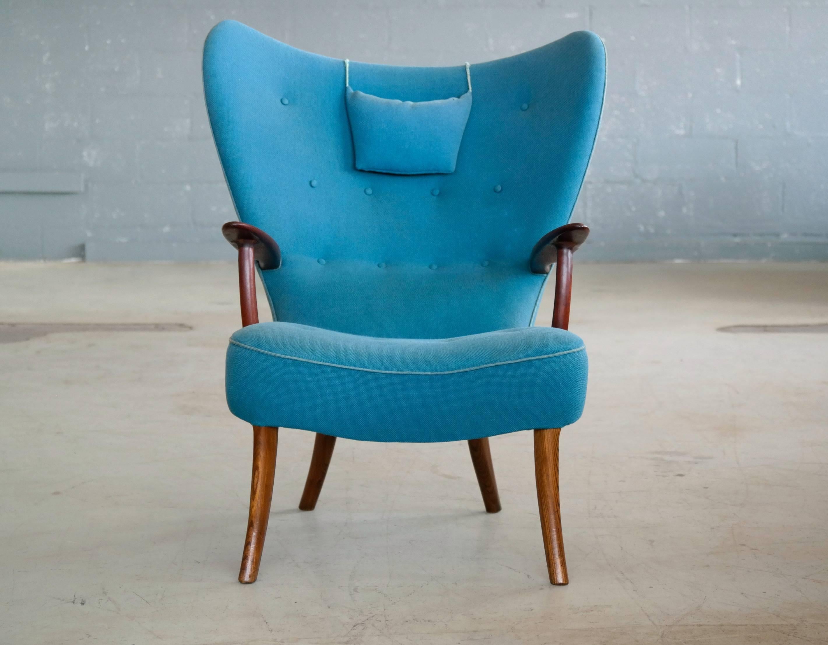 Mid-Century Modern Pair of Danish 1950s High Back Lounge Chairs Model Pragh by Madsen and Schubell
