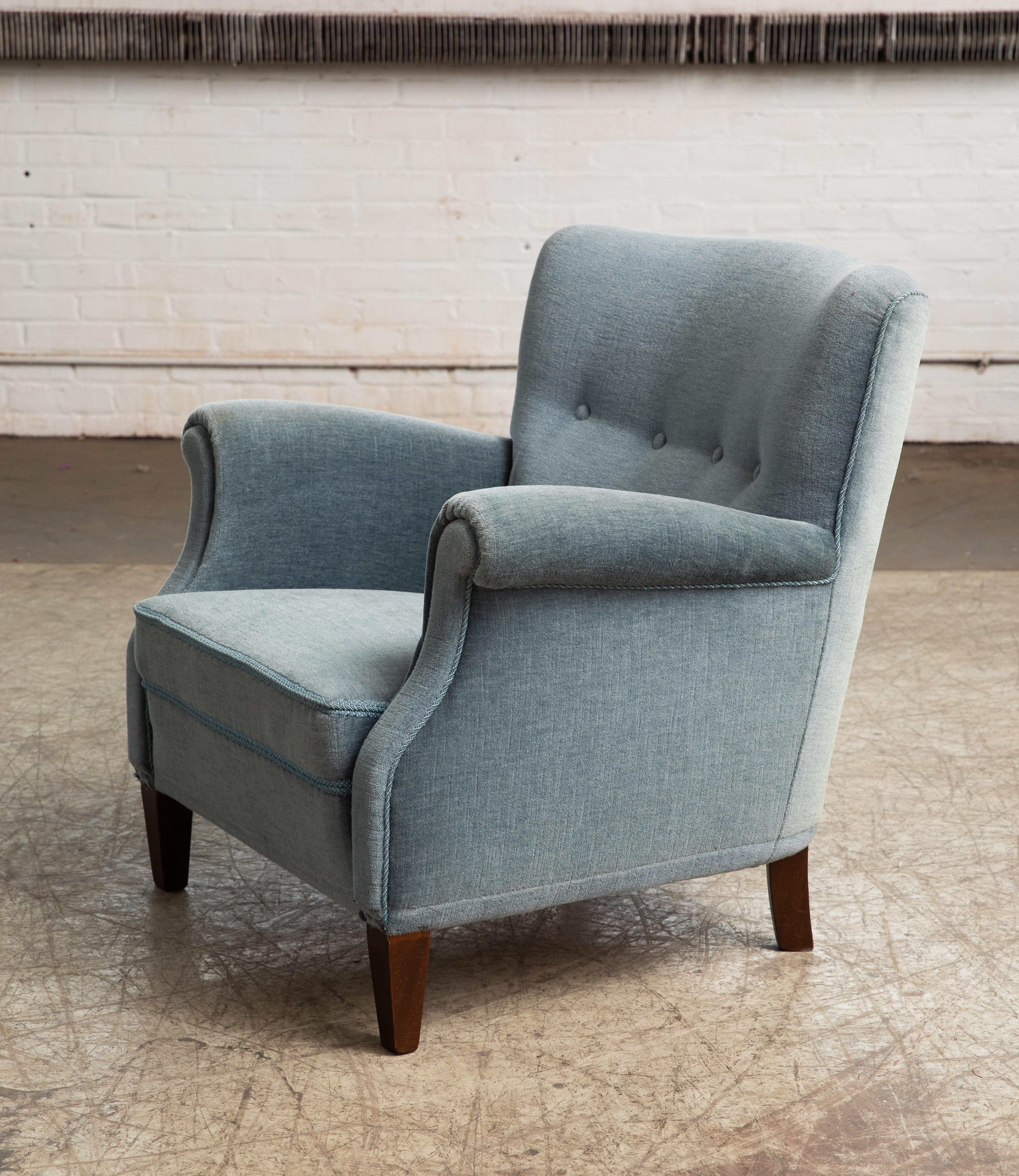 Pair of Danish 1950s Lounge Chairs in GreyBlue Mohair Attributed to Fritz Hansen 5
