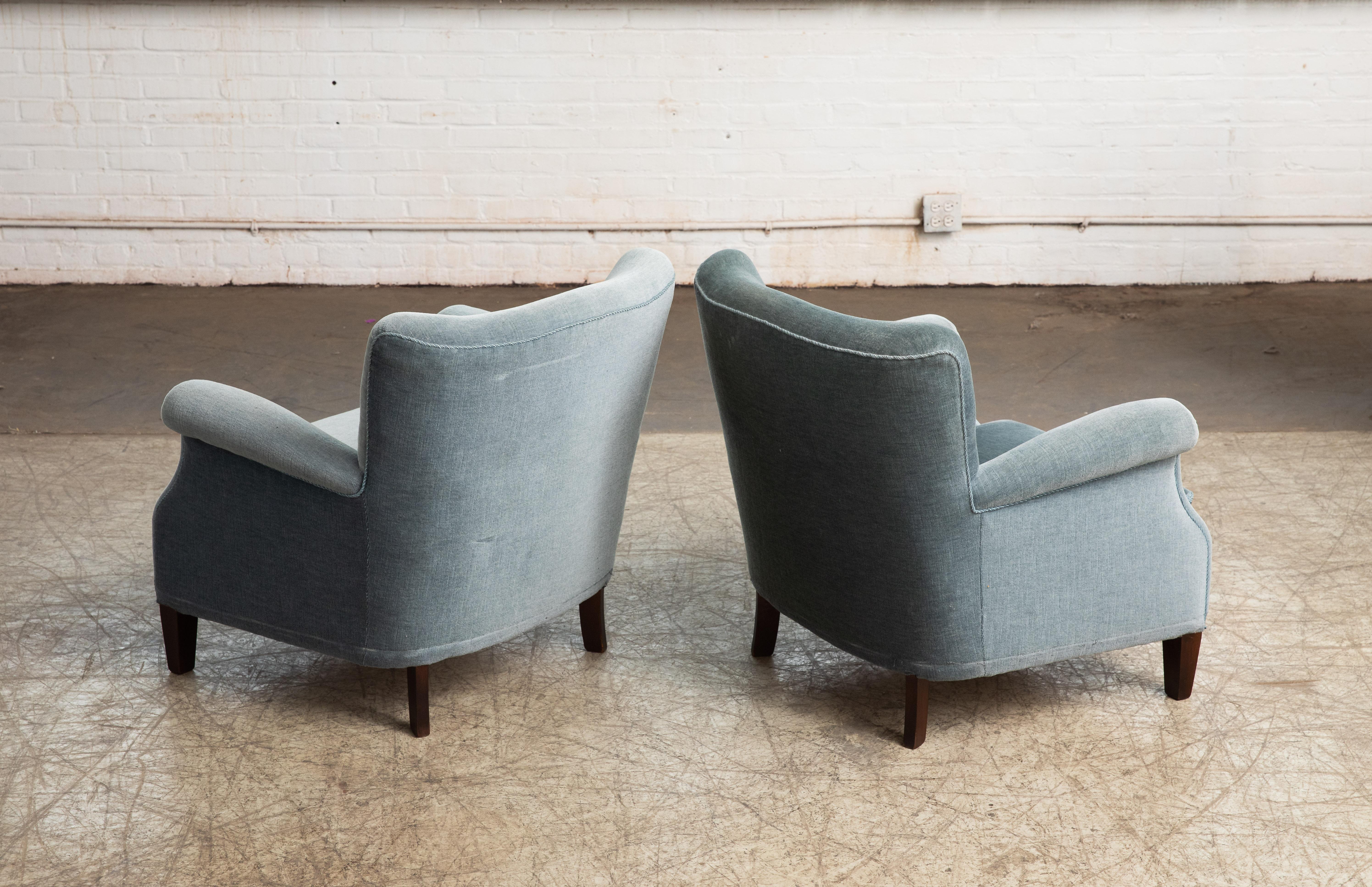 Pair of Danish 1950s Lounge Chairs in GreyBlue Mohair Attributed to Fritz Hansen 1