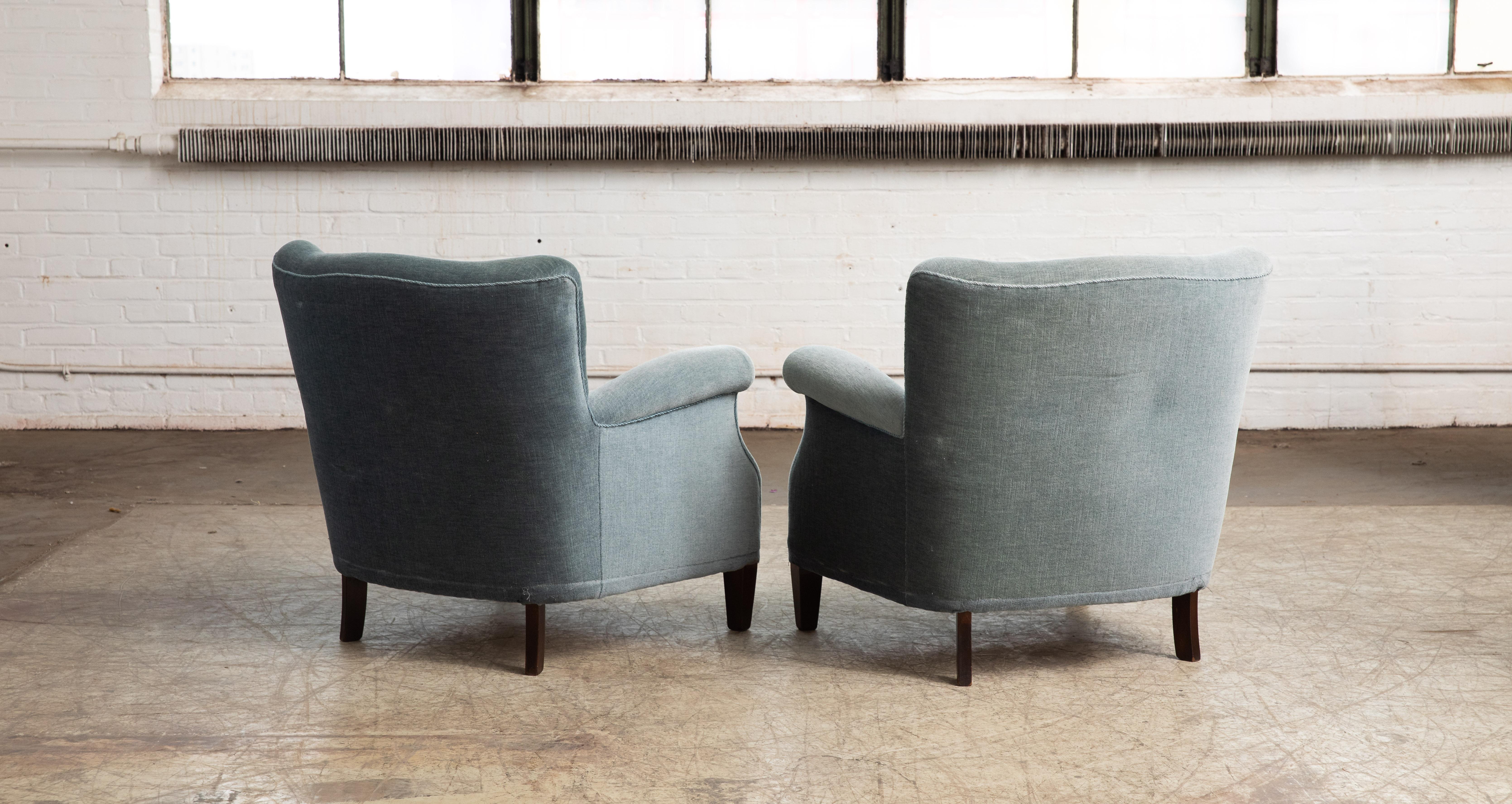 Pair of Danish 1950s Lounge Chairs in GreyBlue Mohair Attributed to Fritz Hansen 2