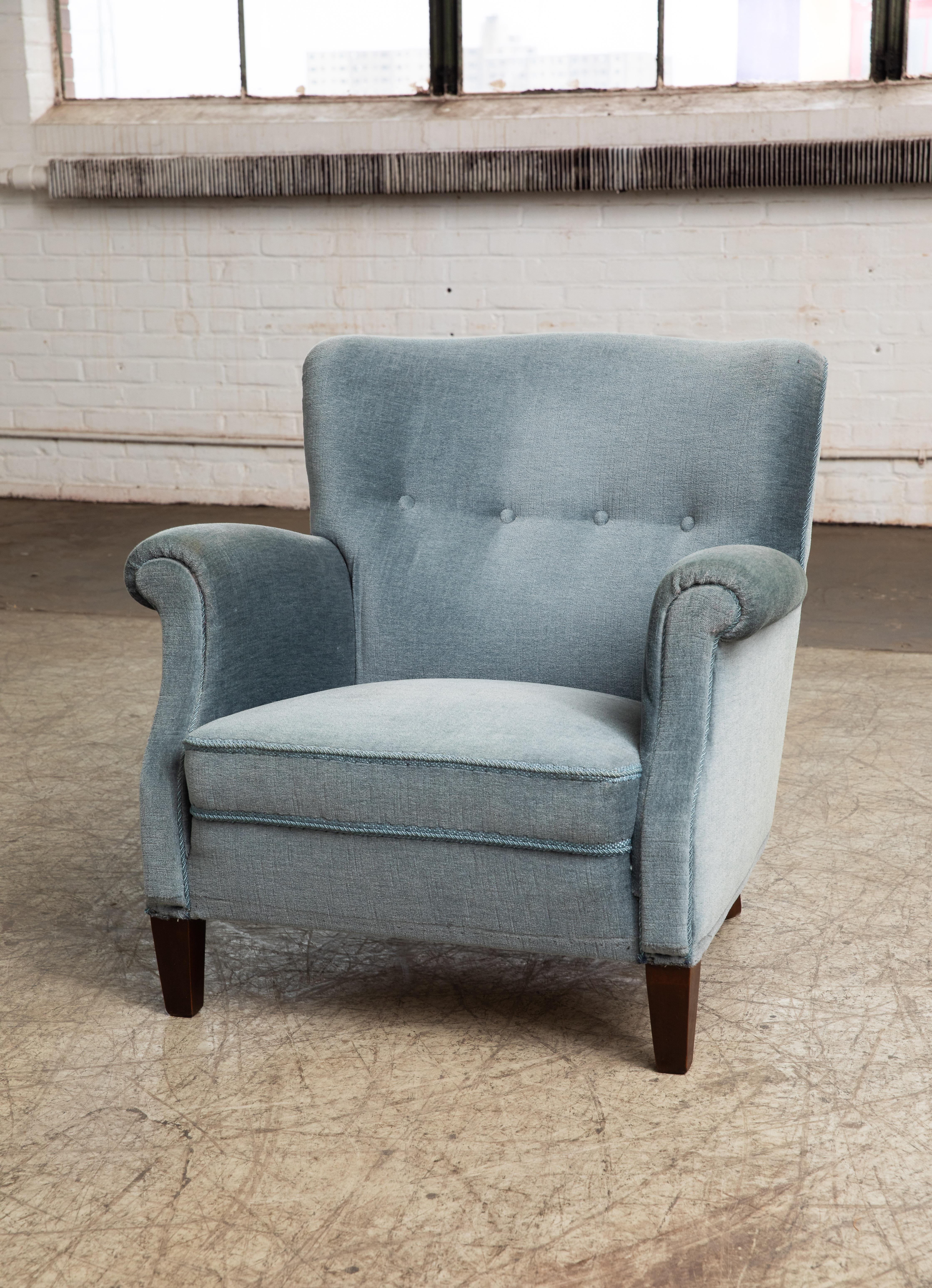 Pair of Danish 1950s Lounge Chairs in GreyBlue Mohair Attributed to Fritz Hansen 3