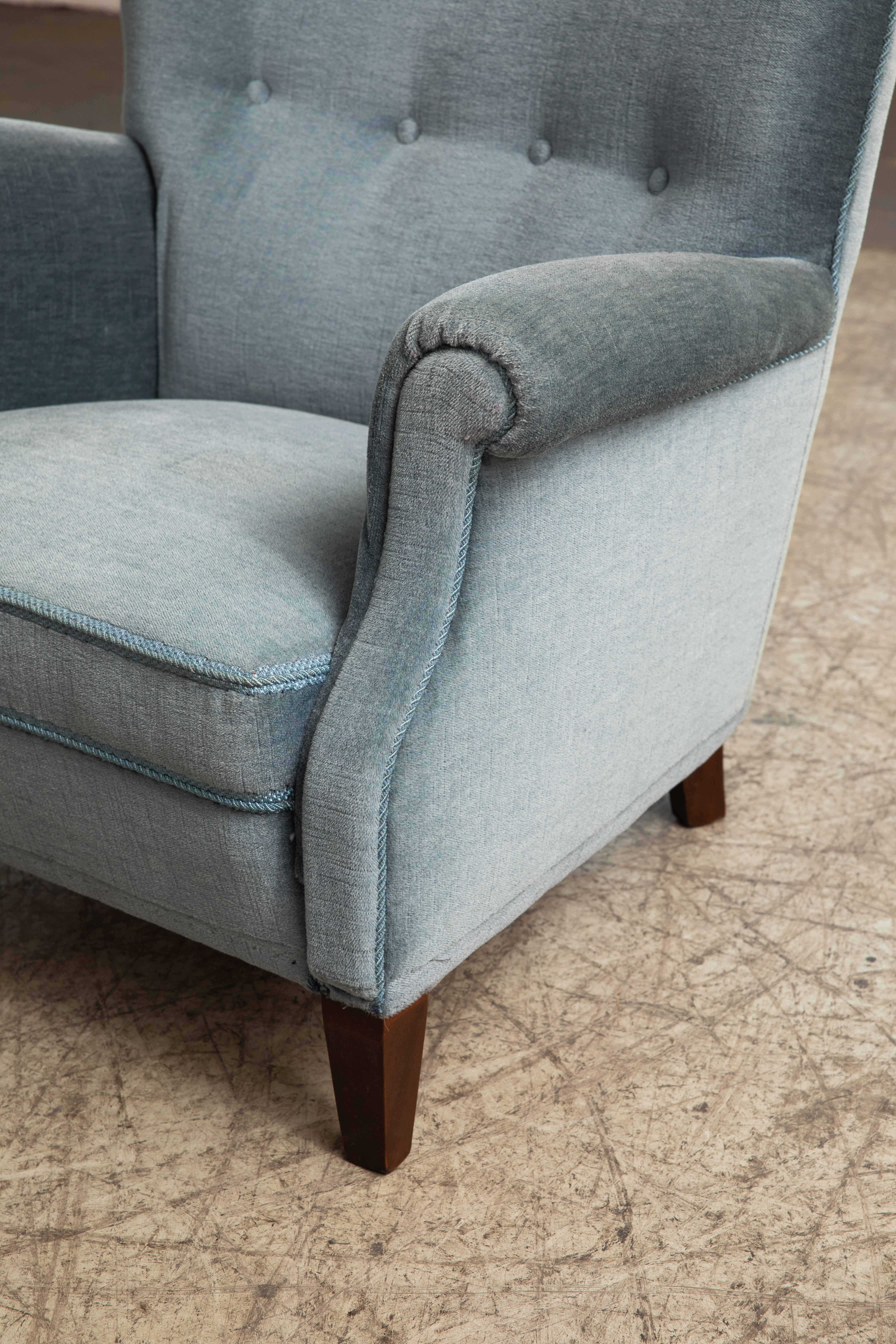 Pair of Danish 1950s Lounge Chairs in GreyBlue Mohair Attributed to Fritz Hansen 4