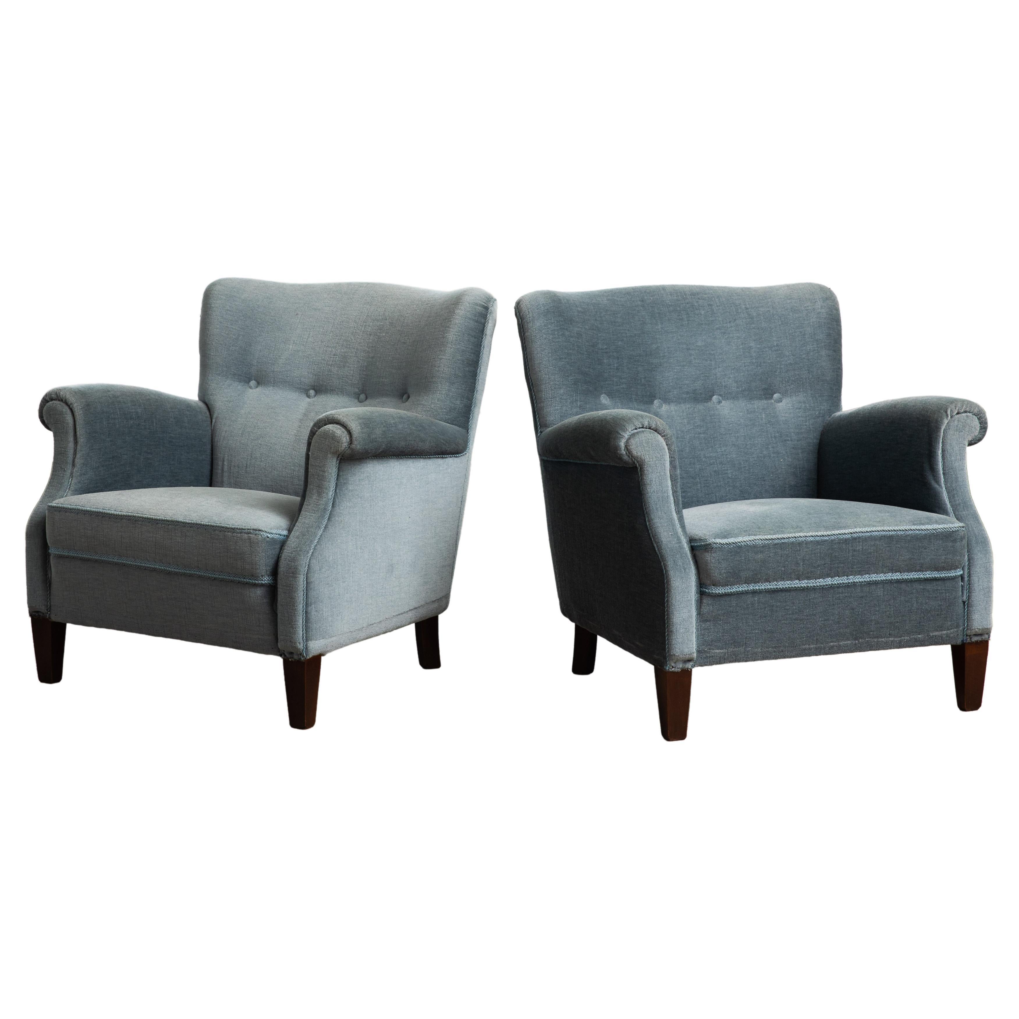 Pair of Danish 1950s Lounge Chairs in GreyBlue Mohair Attributed to Fritz Hansen