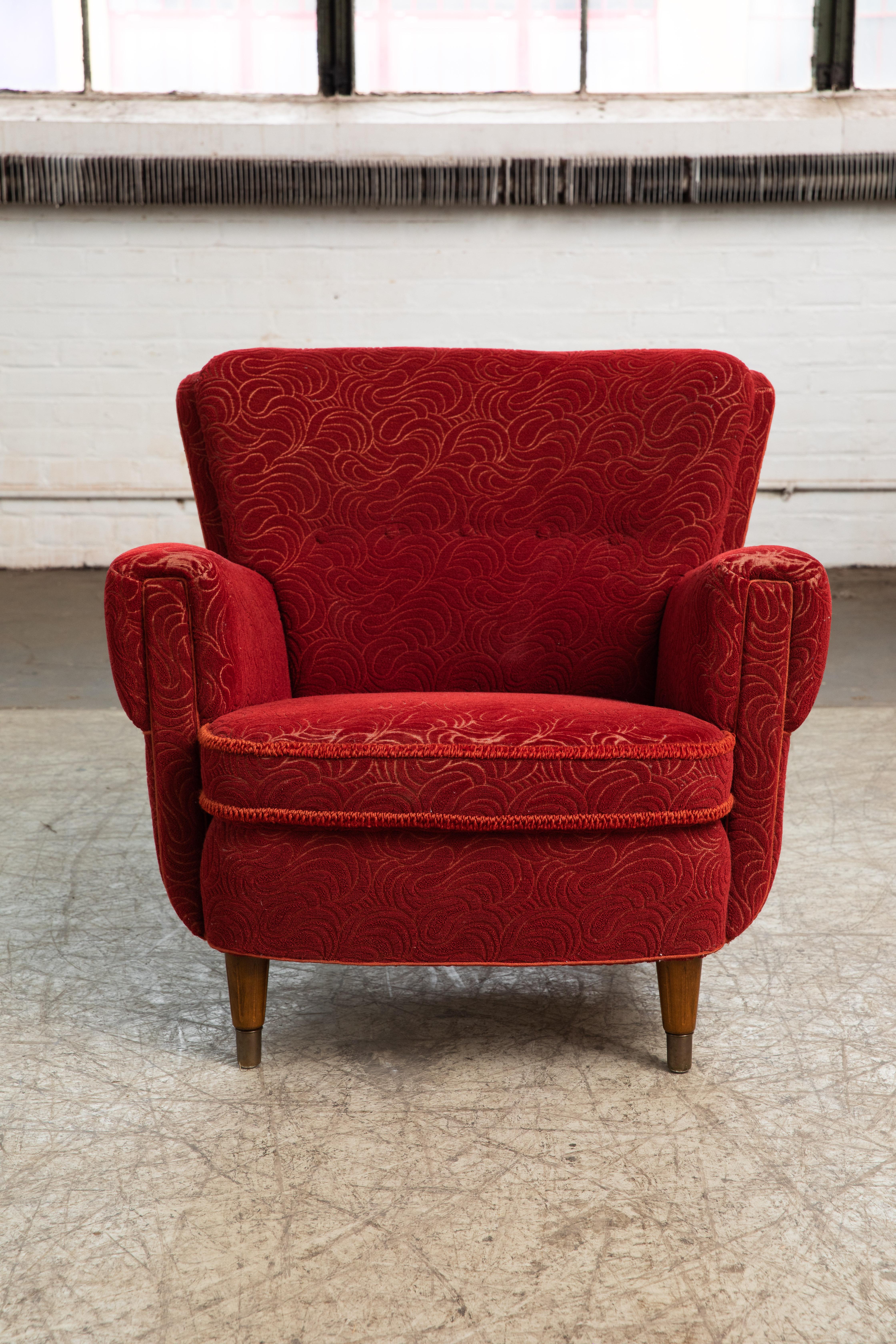 Pair of Danish 1950s Lounge Chairs in Red Mohair Attributed to Fritz Hansen 5