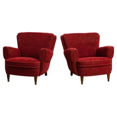 Pair of Danish 1950s Lounge Chairs in Red Mohair Attributed to Fritz Hansen