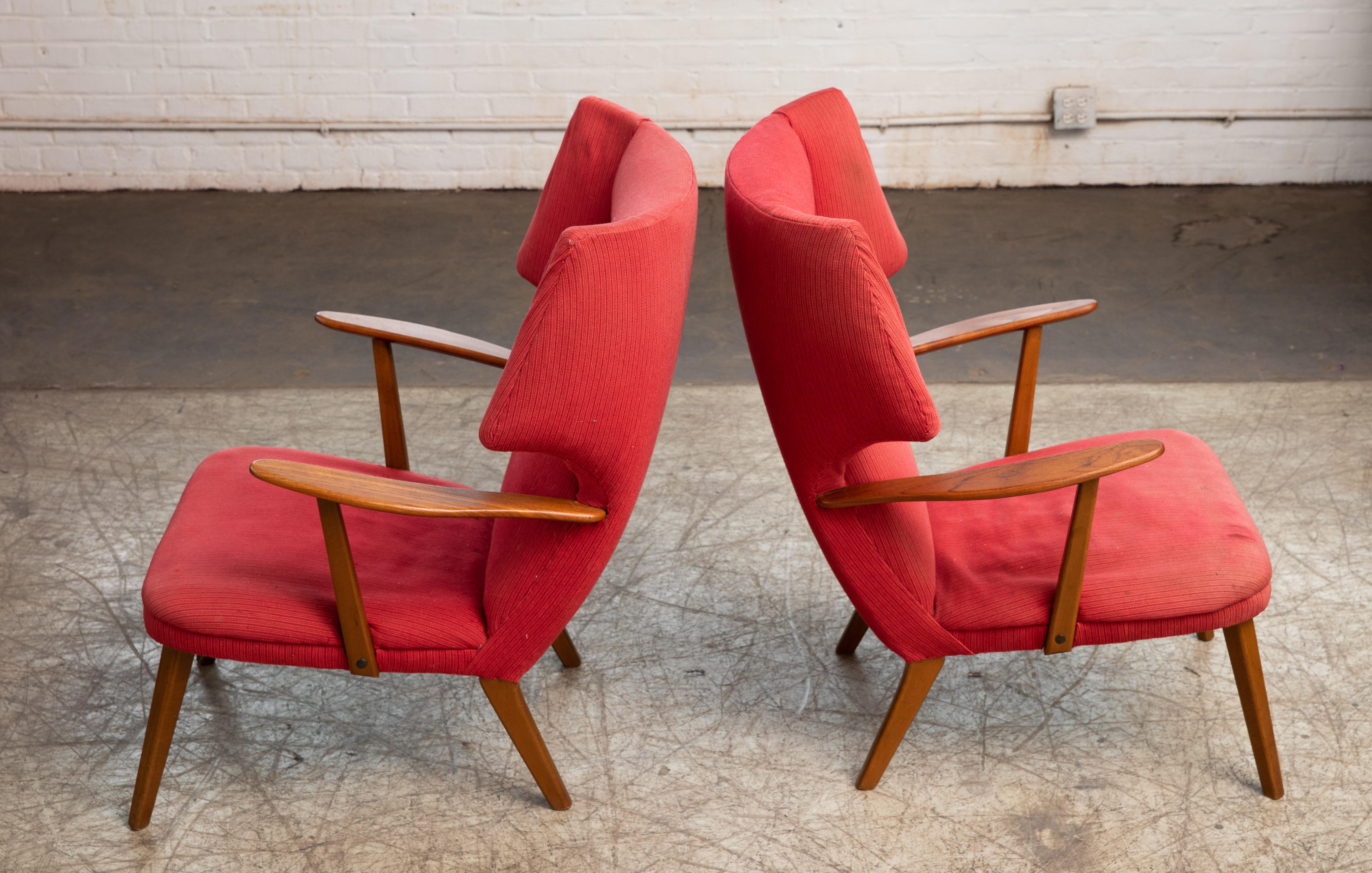 Mid-Century Modern Pair of Danish 1950's Madsen and Schubell High Back Lounge Chair in Teak and Oak