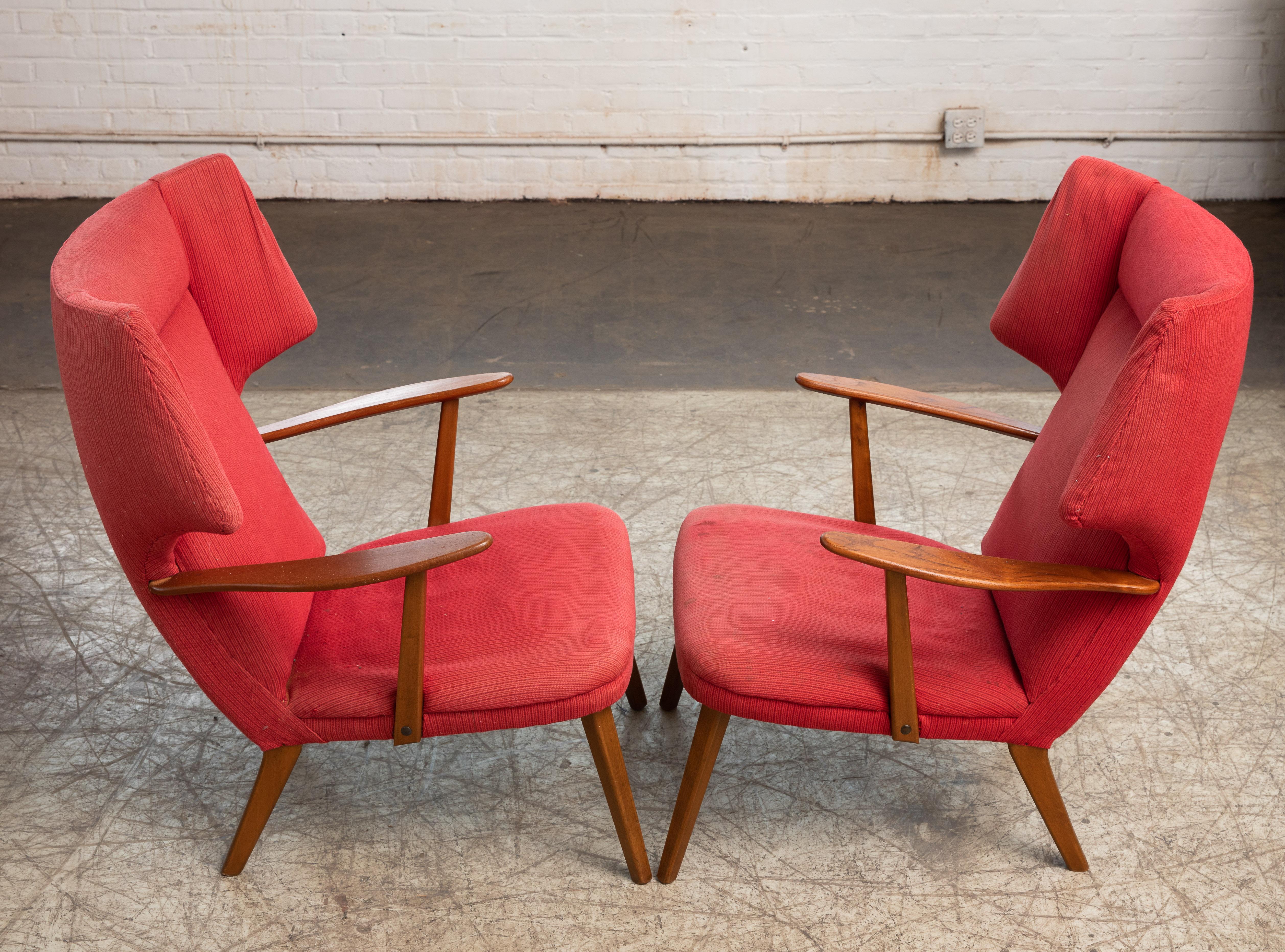 Pair of Danish 1950's Madsen and Schubell High Back Lounge Chair in Teak and Oak 1