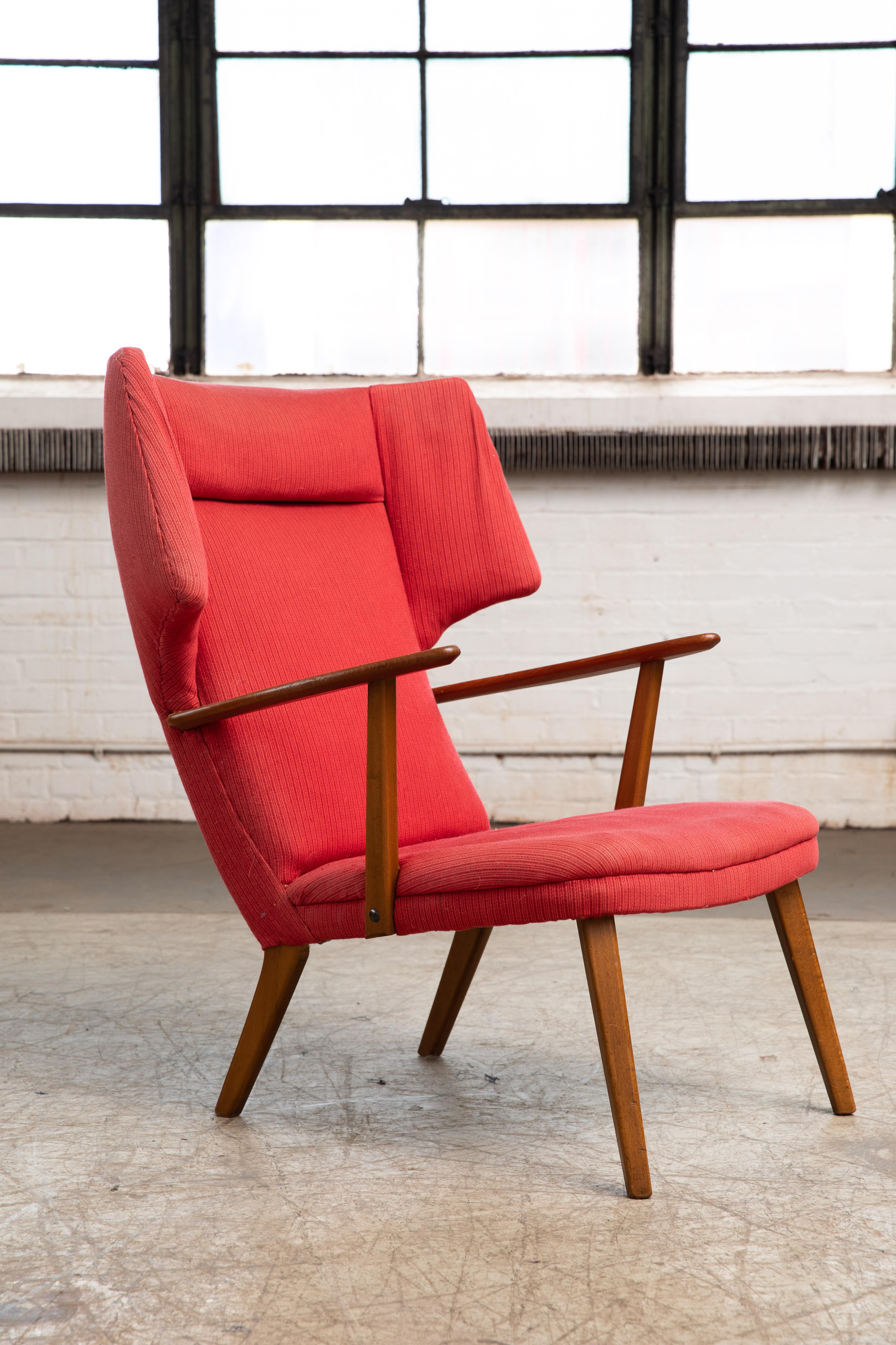 Pair of Danish 1950's Madsen and Schubell High Back Lounge Chair in Teak and Oak 4