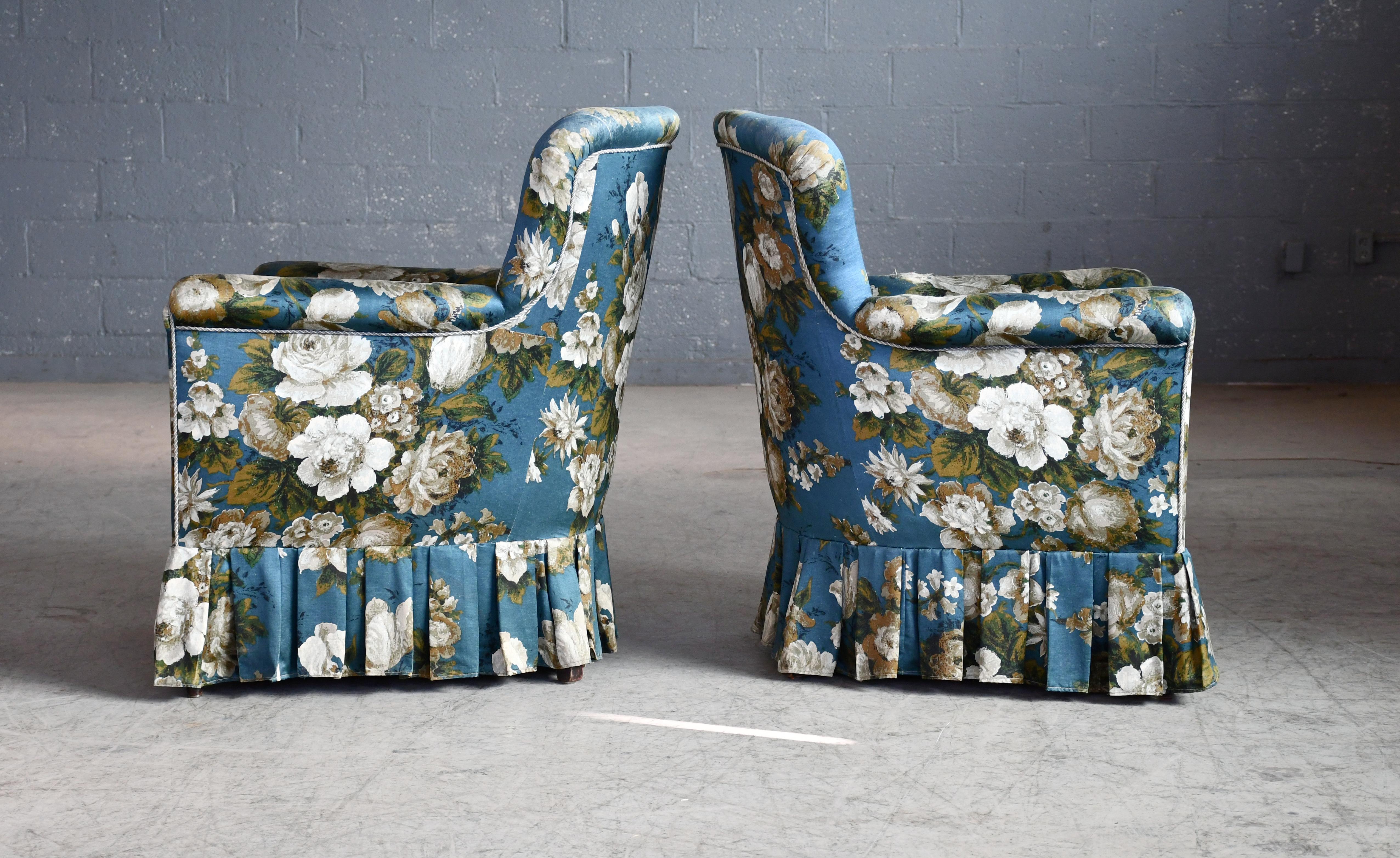 Wool Pair of Danish 1950s Medium Size Lounge Chairs in Floral Fabric and Skirts For Sale