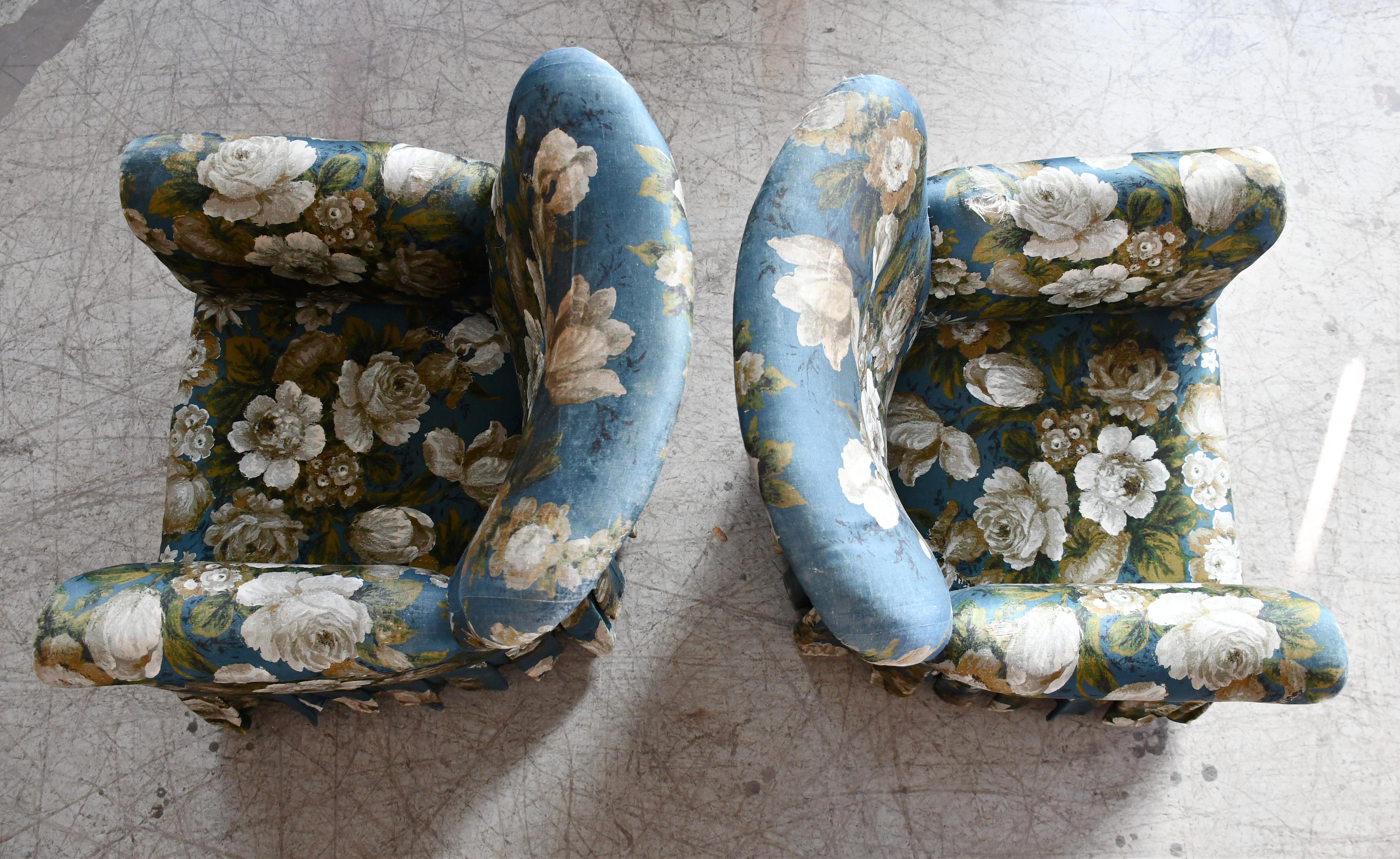 Pair of Danish 1950s Medium Size Lounge Chairs in Floral Fabric and Skirts For Sale 1