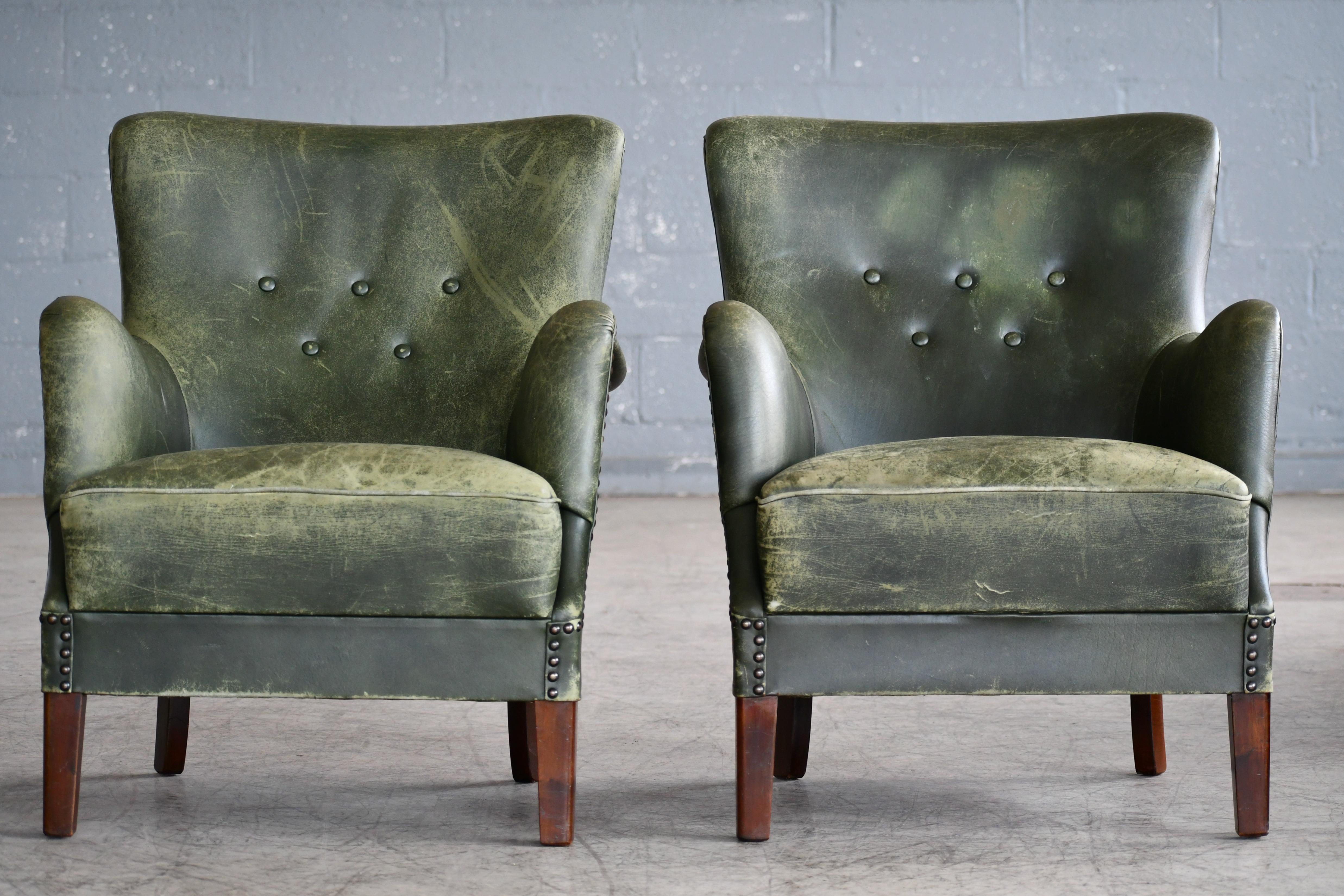 Pair of Danish 1950s Peter Hvidt Attributed Lounge Chairs Green Leather 10