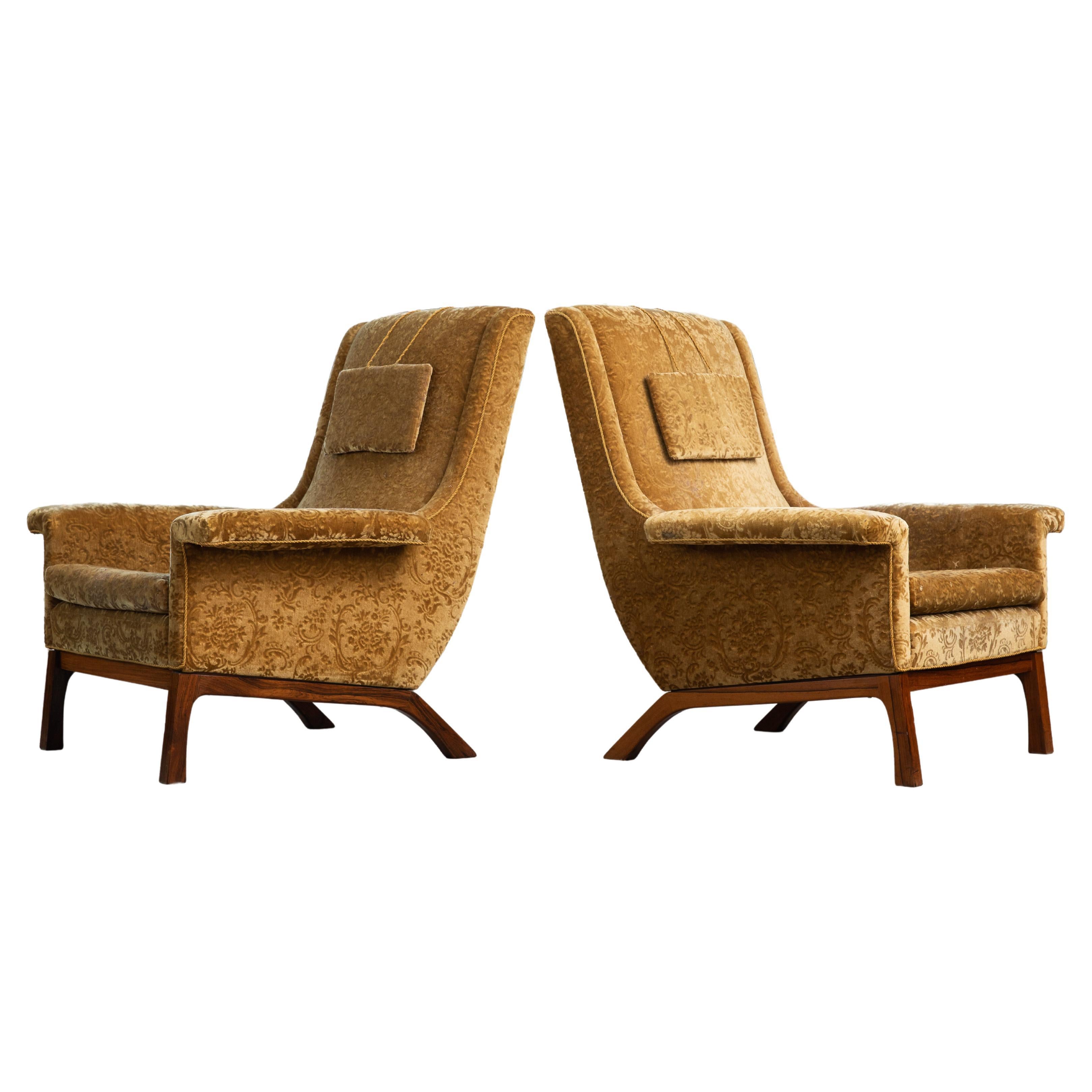 Pair of Danish 1960's DUX Style Lounge Chairs in Velvet and Rosewood
