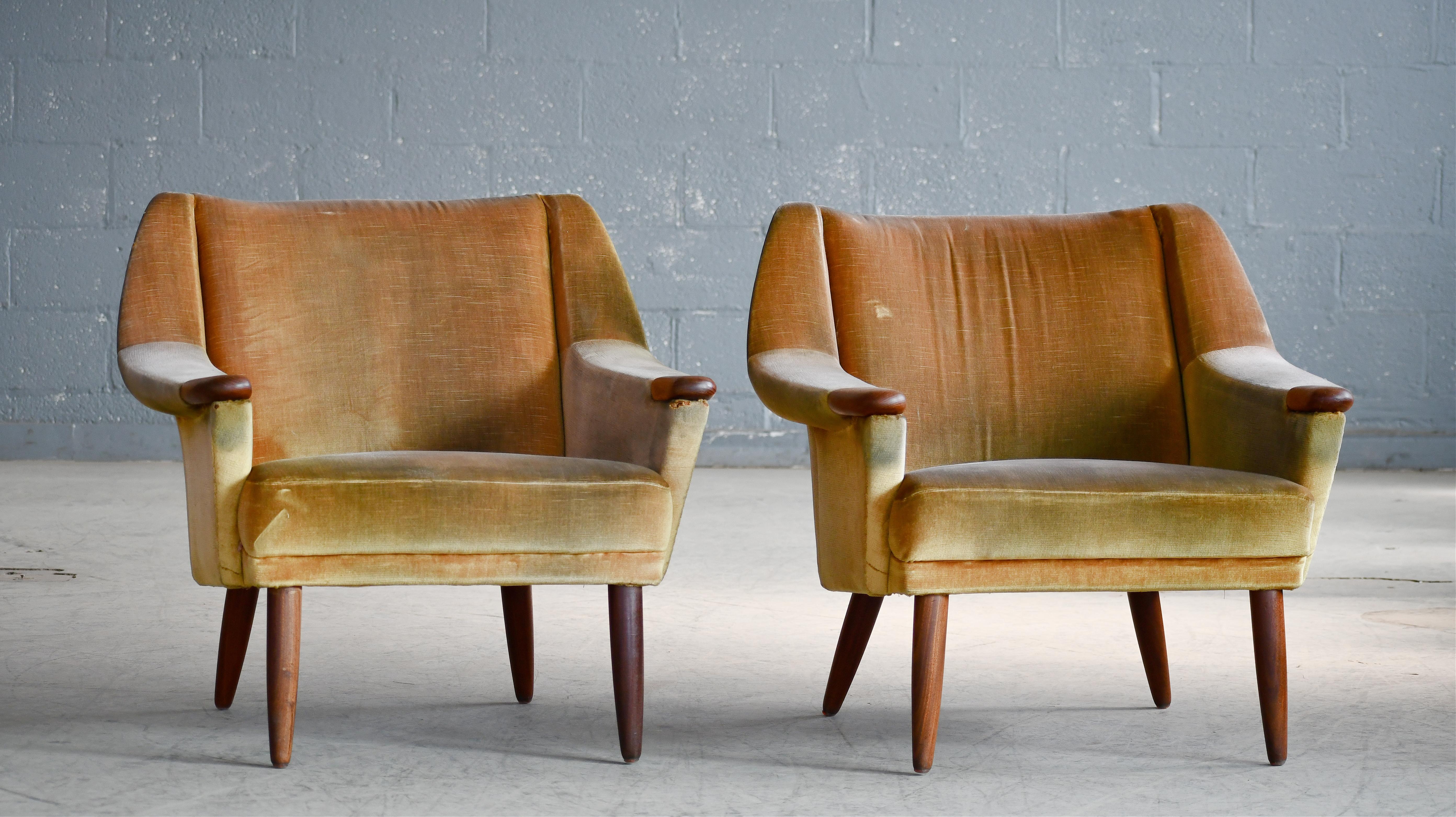Mid-Century Modern Pair of Danish 1960's Low Lounge chairs with Teak Legs and Accents For Sale