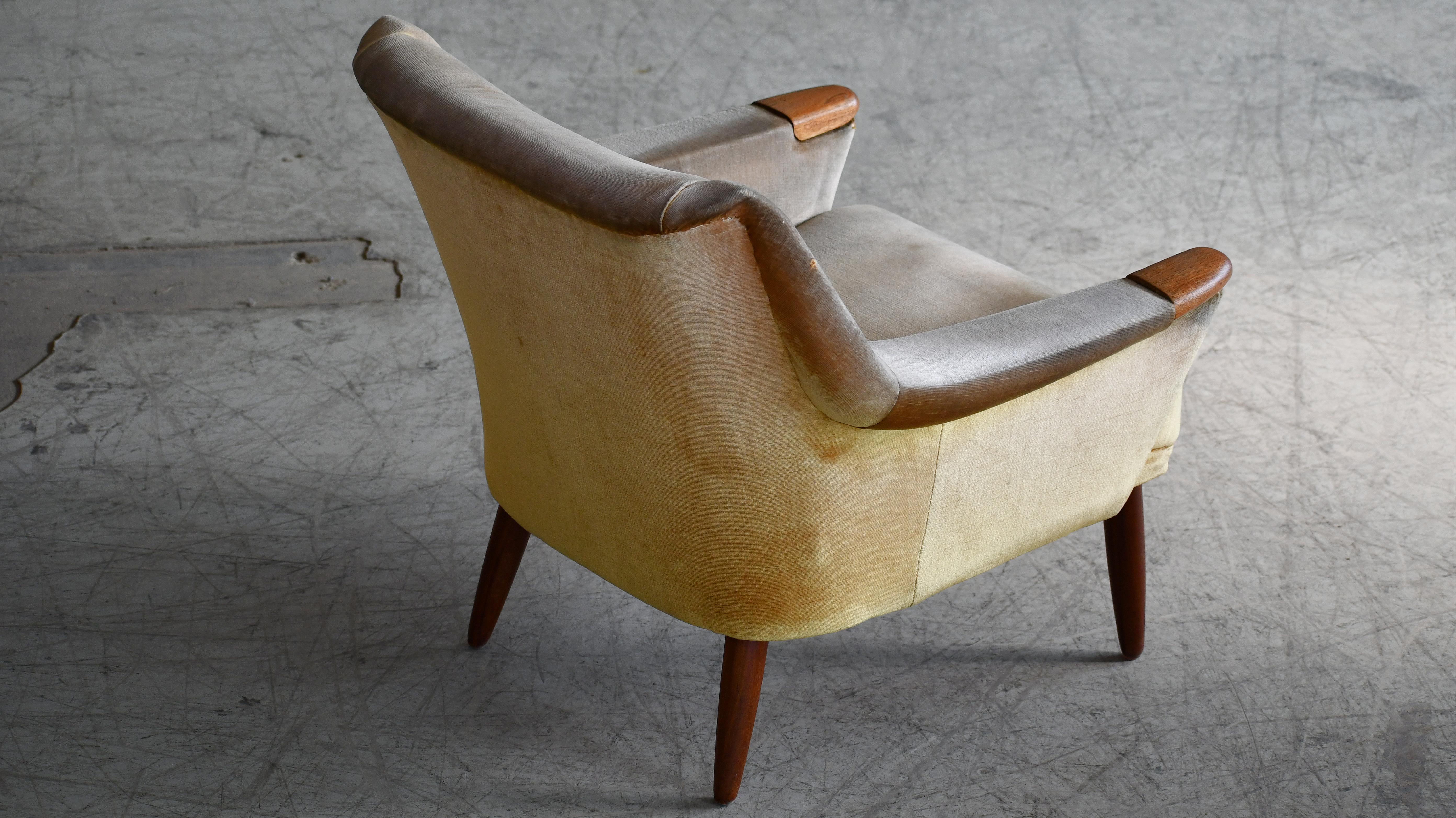 Wool Pair of Danish 1960's Low Lounge chairs with Teak Legs and Accents For Sale