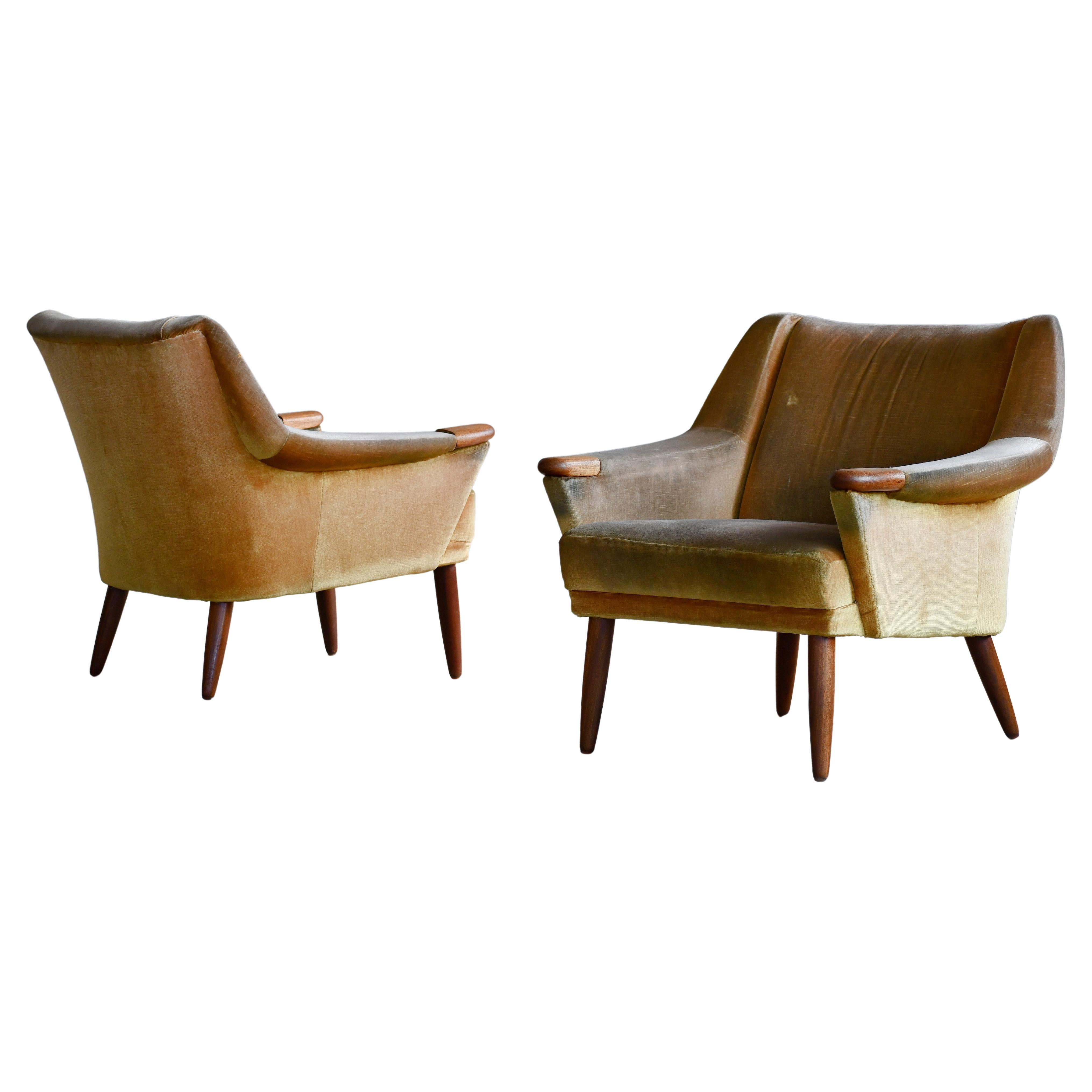 Pair of Danish 1960's Low Lounge chairs with Teak Legs and Accents For Sale