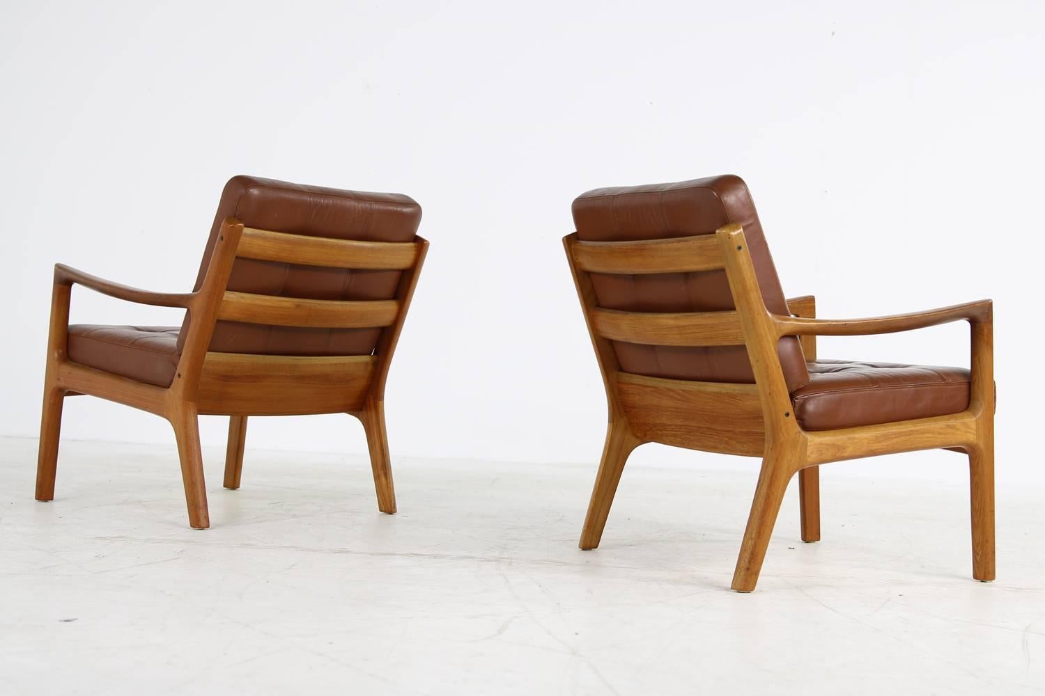 Pair of Danish 1960s Teak and Brown Leather Lounge Easy Chairs by Ole Wanscher In Good Condition In Hamminkeln, DE