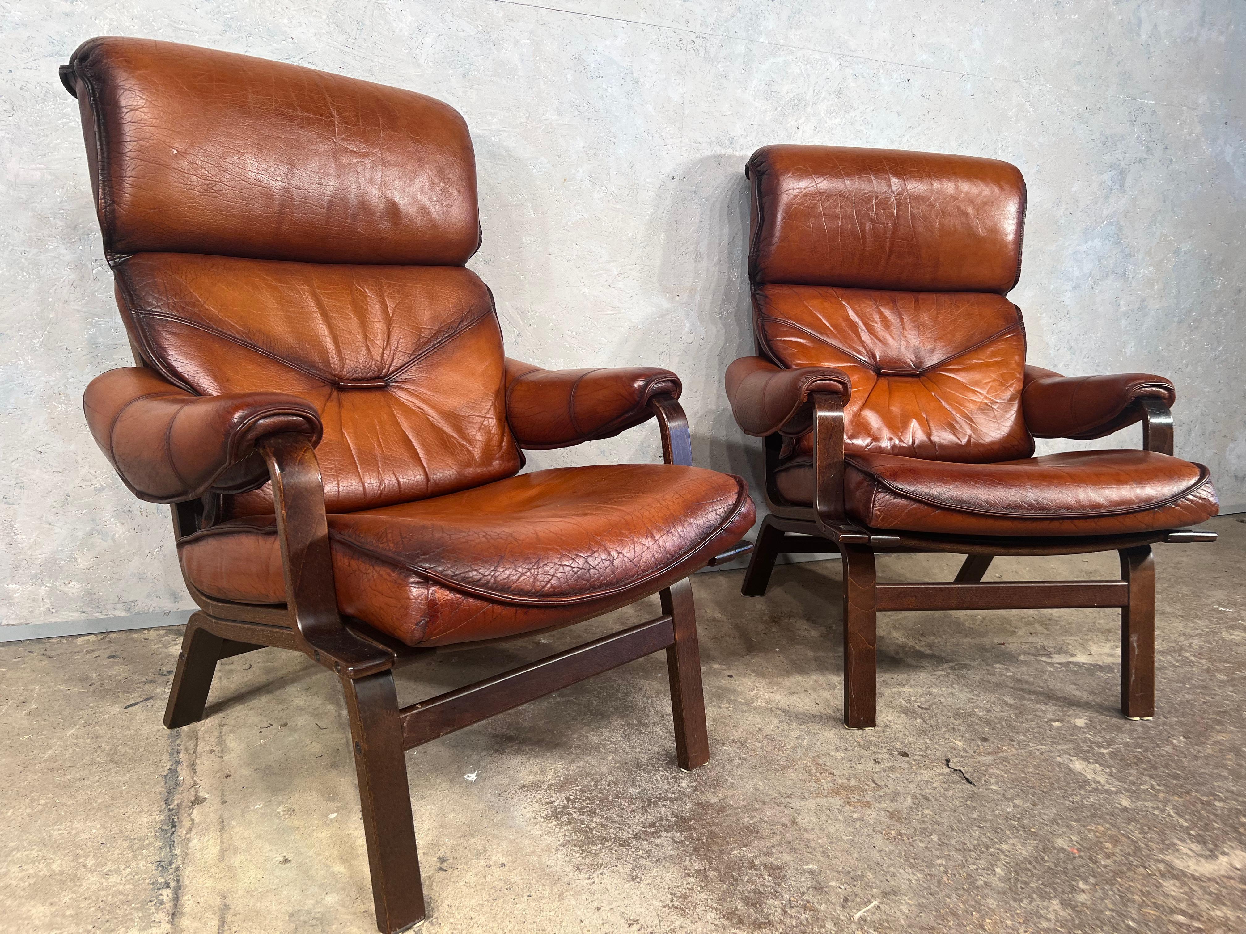 Pair of Danish 70s Bentwood Leather Armchairs Hand Dyed Cognac #440 In Good Condition For Sale In Lewes, GB