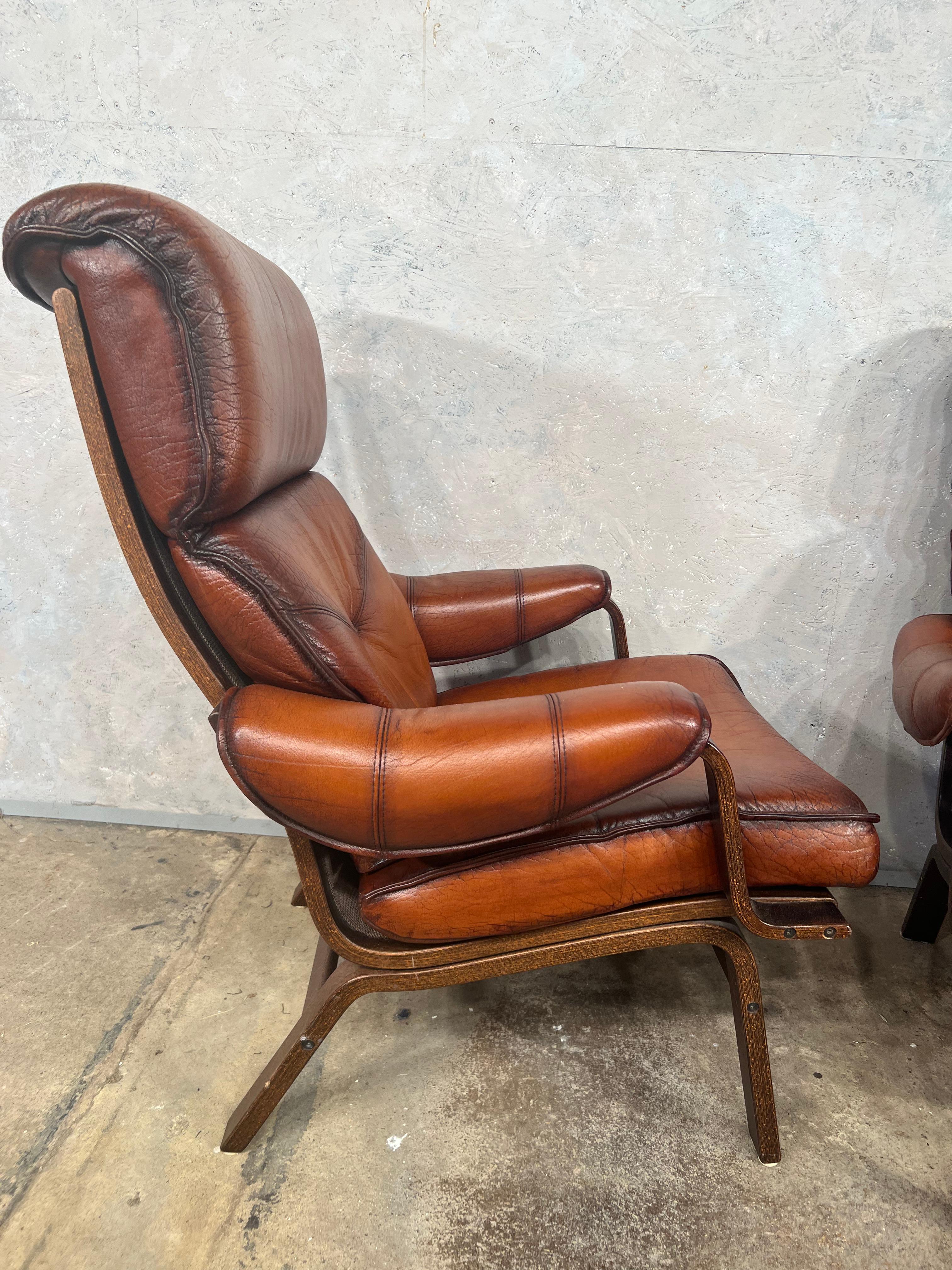 Pair of Danish 70s Bentwood Leather Armchairs Hand Dyed Cognac #440 For Sale 1