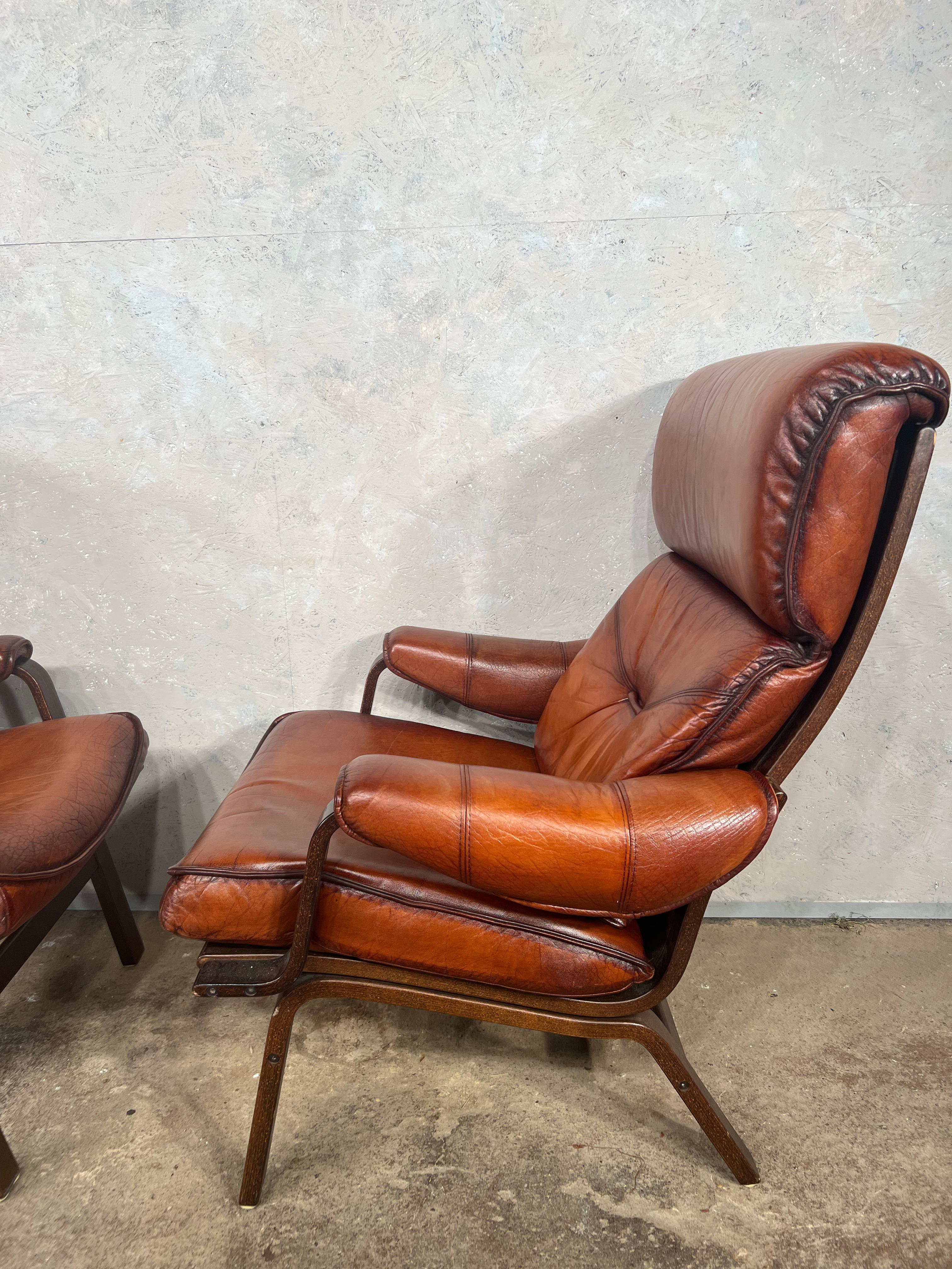 Pair of Danish 70s Bentwood Leather Armchairs Hand Dyed Cognac #440 For Sale 2