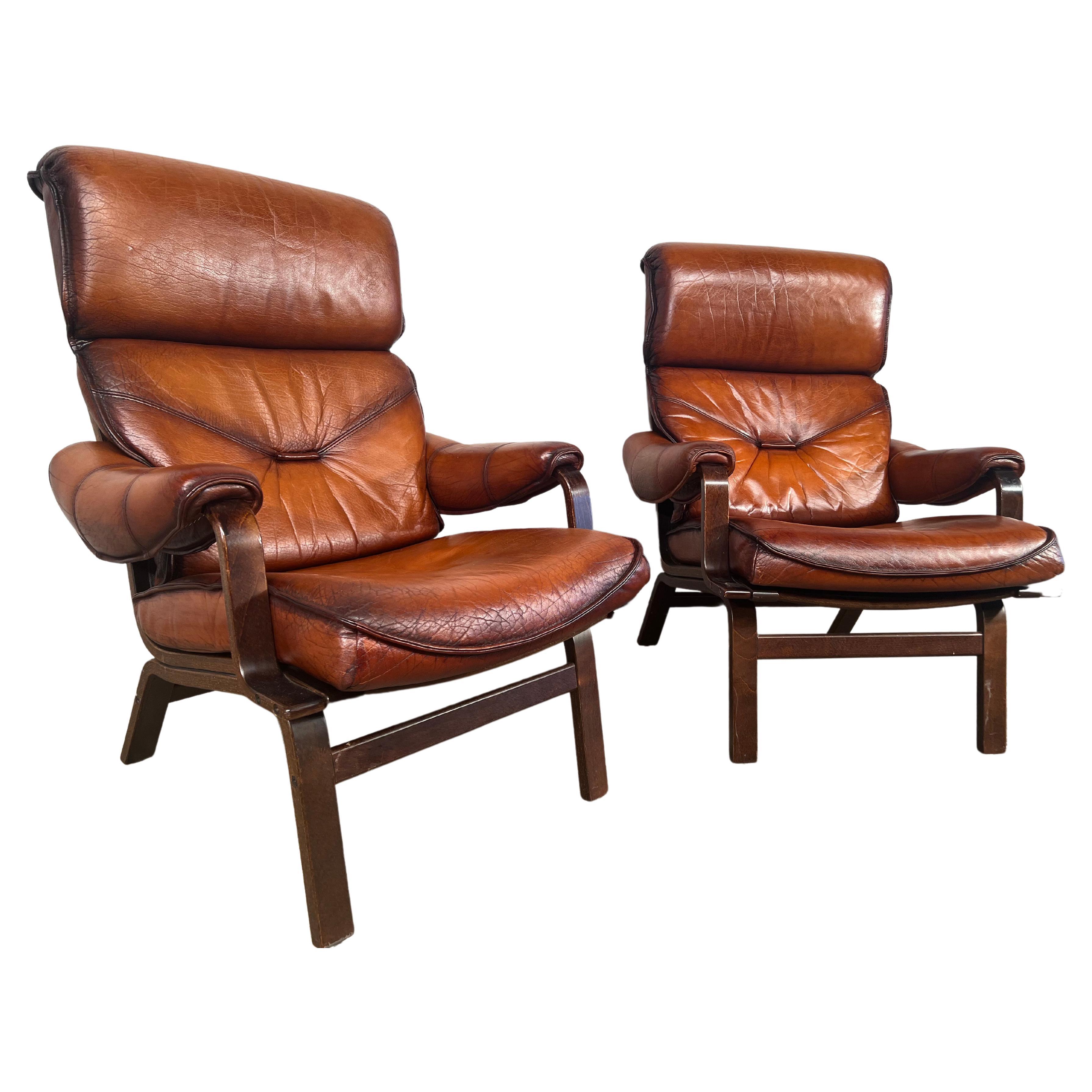 Pair of Danish 70s Bentwood Leather Armchairs Hand Dyed Cognac #440 For Sale