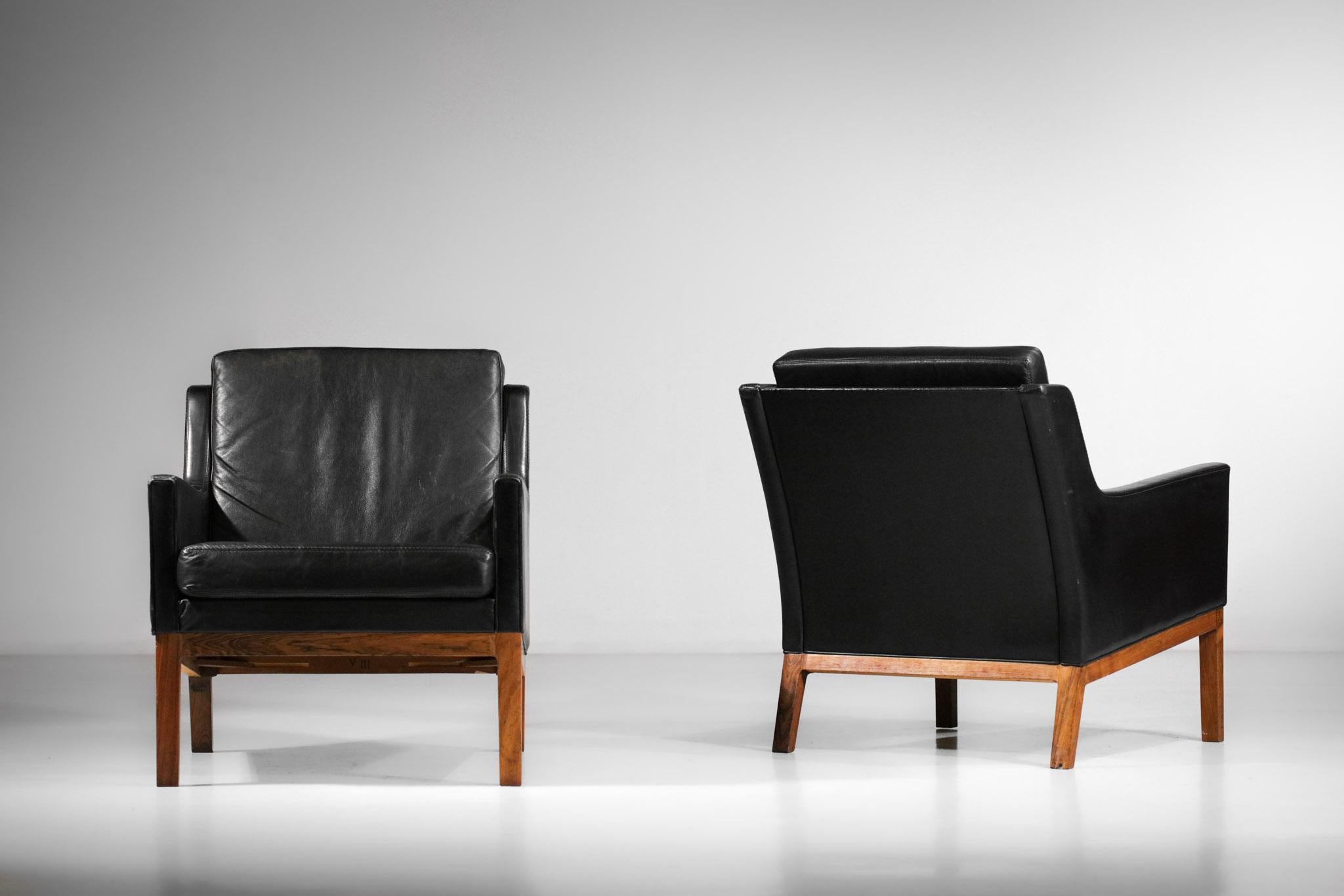 Pair of Danish Armchair from the 70's in Black Leather Kai Lyngfeldt Larsen G123 5