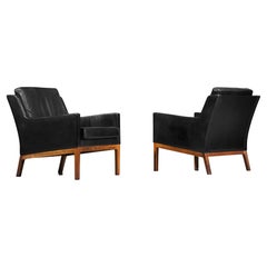 Pair of Danish Armchair from the 70's in Black Leather Kai Lyngfeldt Larsen G123