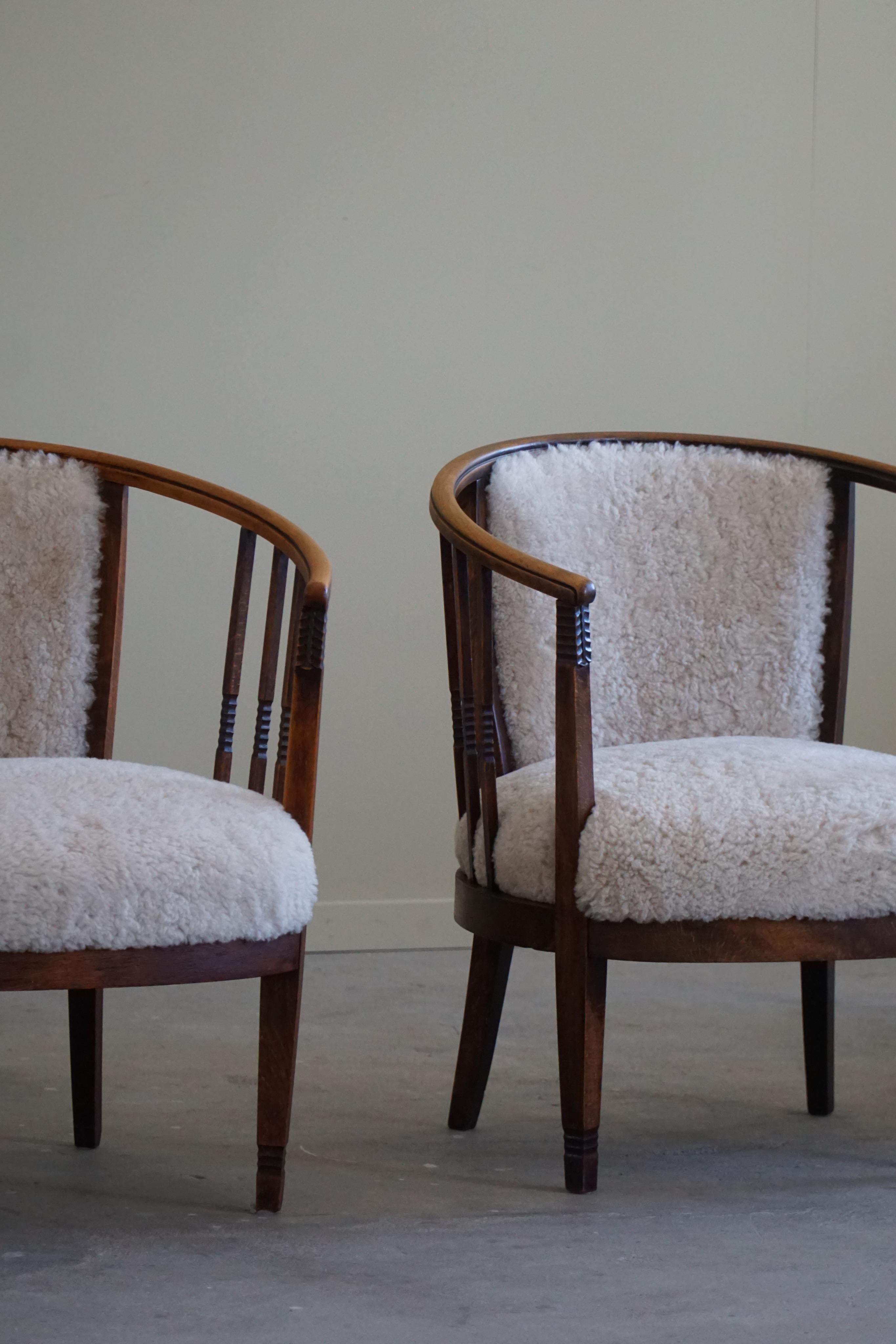 Paire de fauteuils danois en hêtre, laine d'agneau retapissée, Jugendstil, années 1900 en vente 3