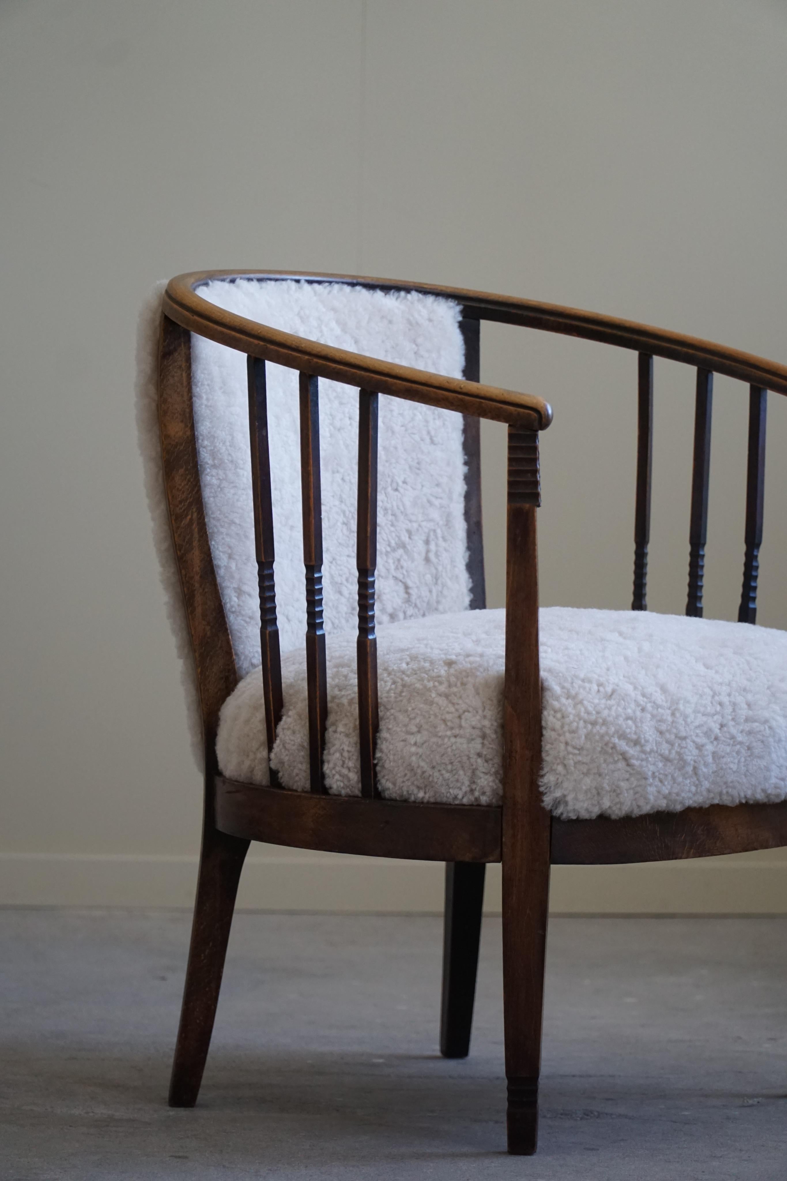Pair of Danish Armchairs in Beech, Reupholstered Lambswool, Jugendstil, 1900s For Sale 8