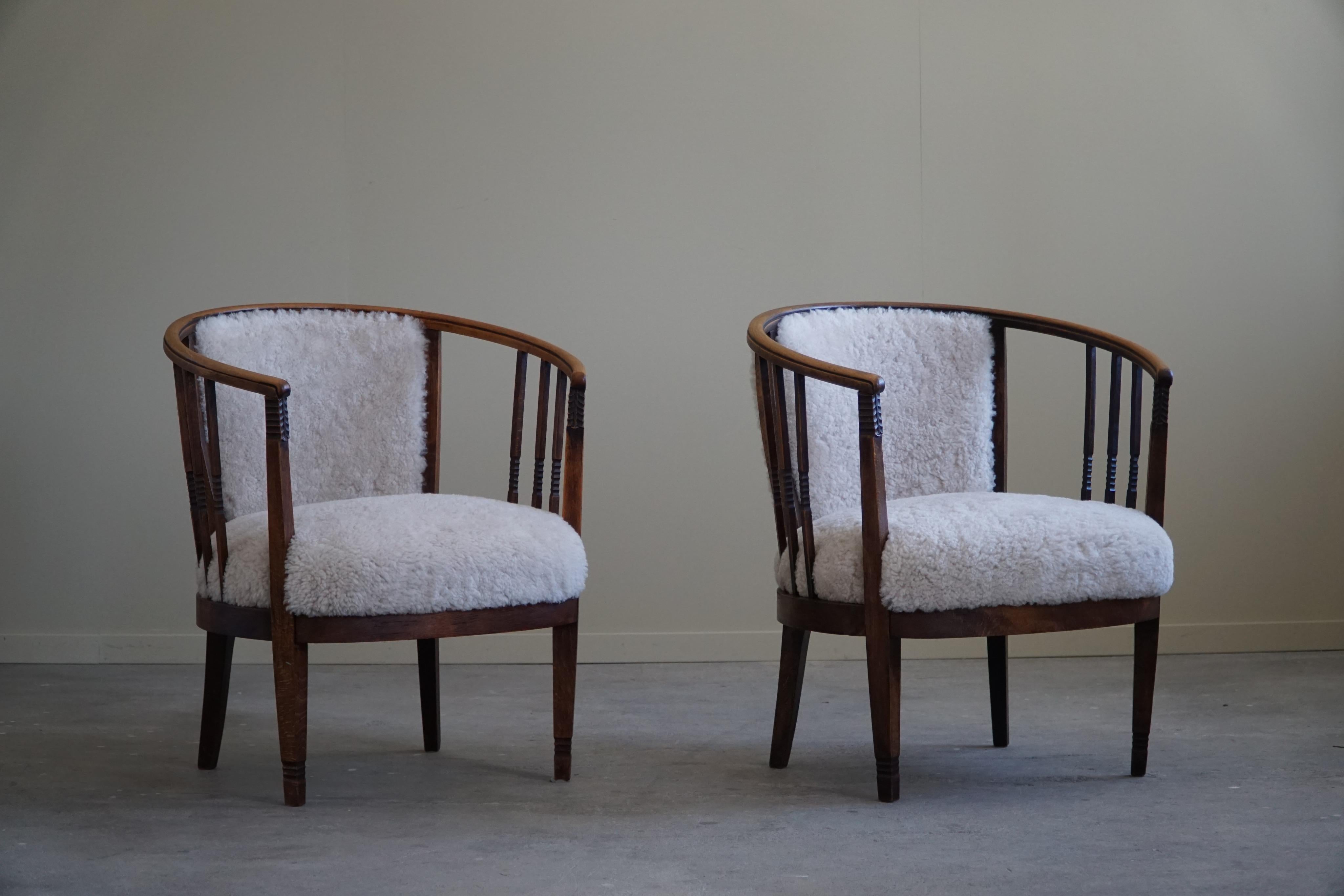 Pair of Danish Armchairs in Beech, Reupholstered Lambswool, Jugendstil, 1900s For Sale 10