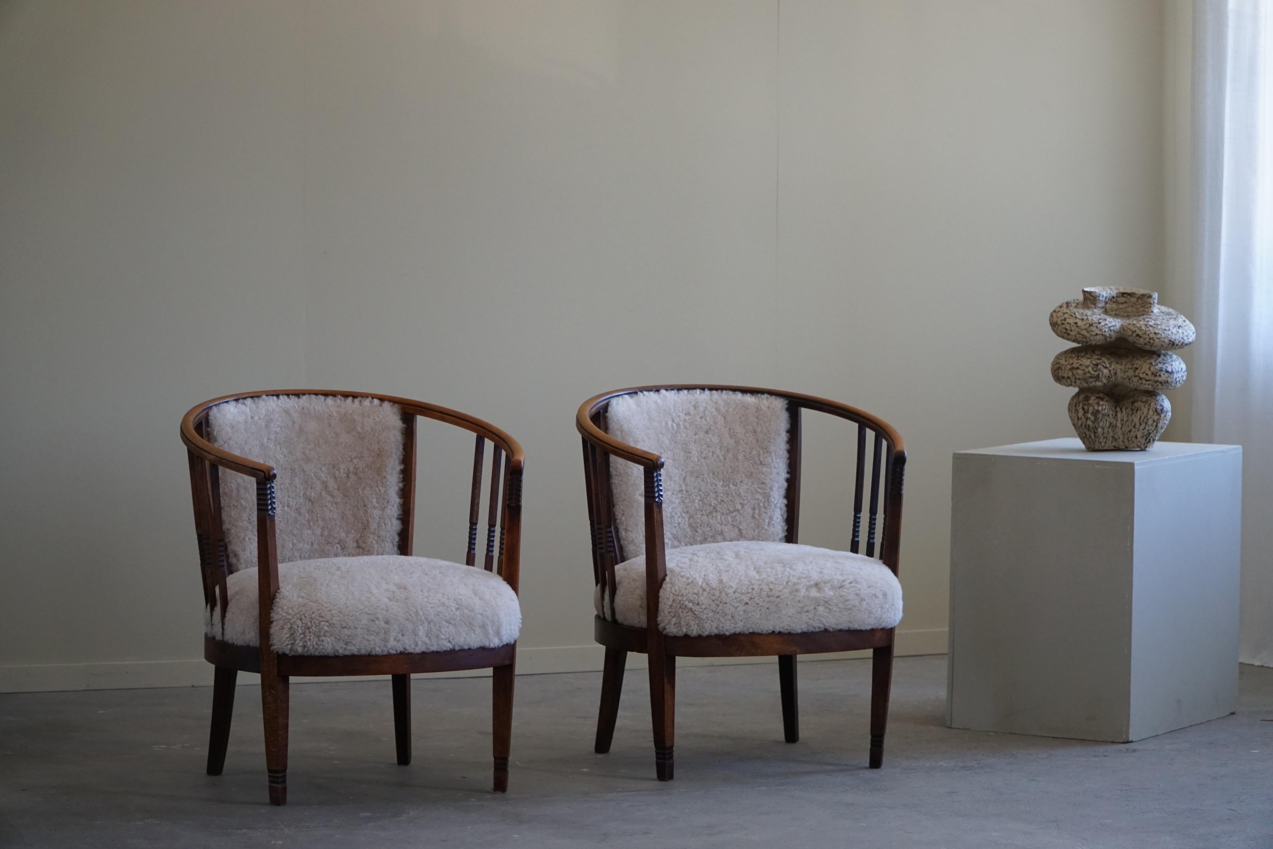 Pair of Danish Armchairs in Beech, Reupholstered Lambswool, Jugendstil, 1900s For Sale 11
