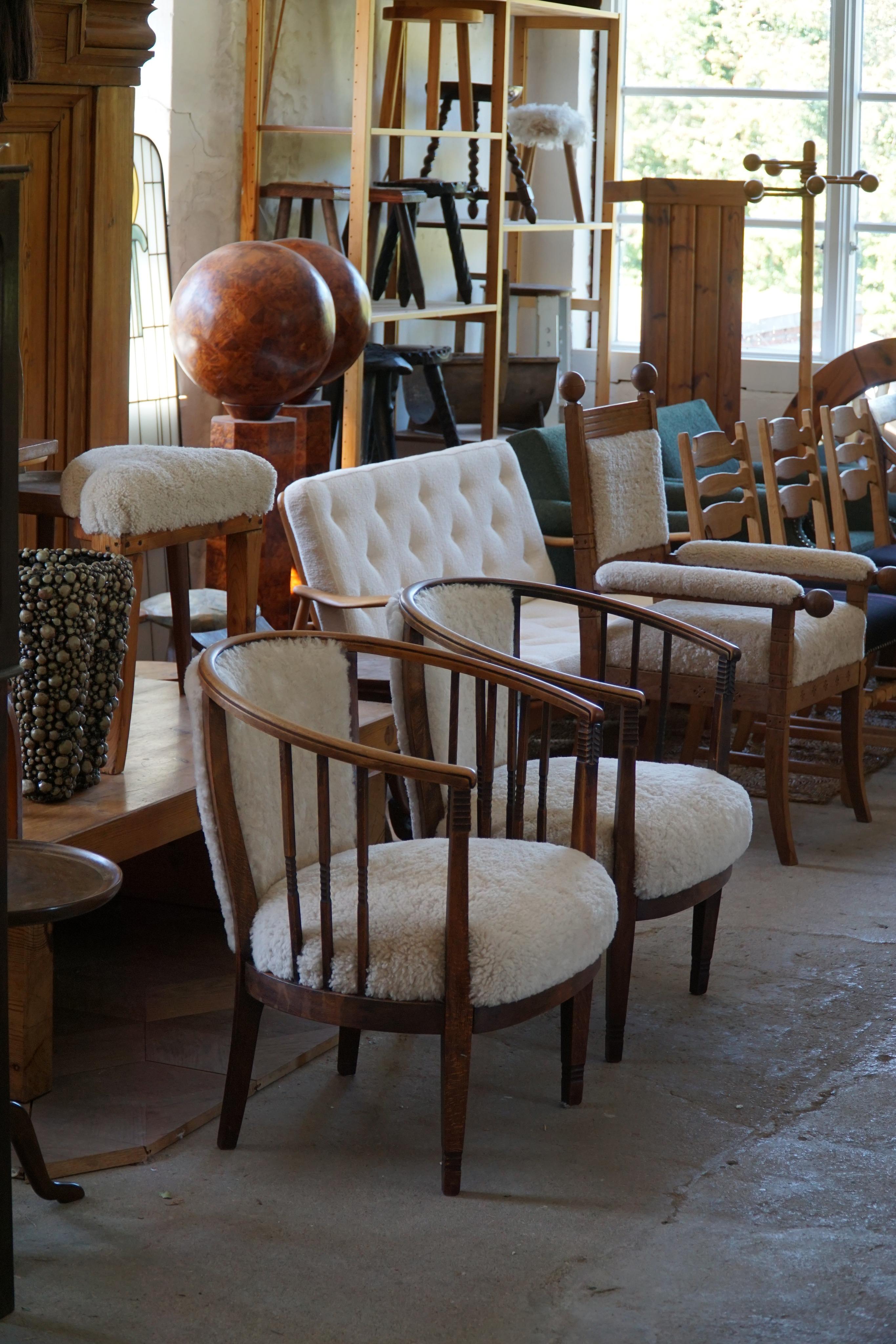 Pair of Danish Armchairs in Beech, Reupholstered Lambswool, Jugendstil, 1900s For Sale 12