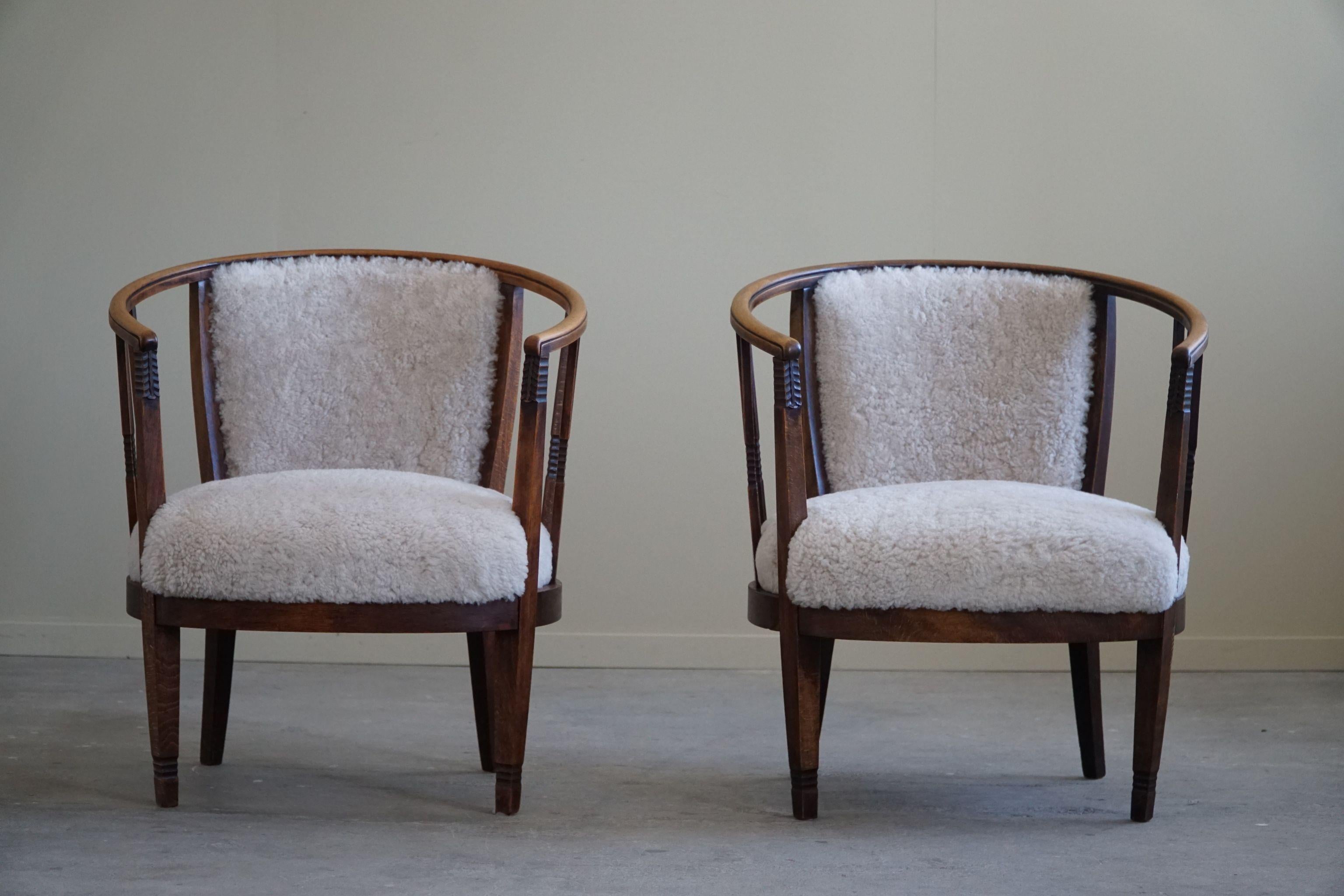 Scandinave moderne Paire de fauteuils danois en hêtre, laine d'agneau retapissée, Jugendstil, années 1900 en vente
