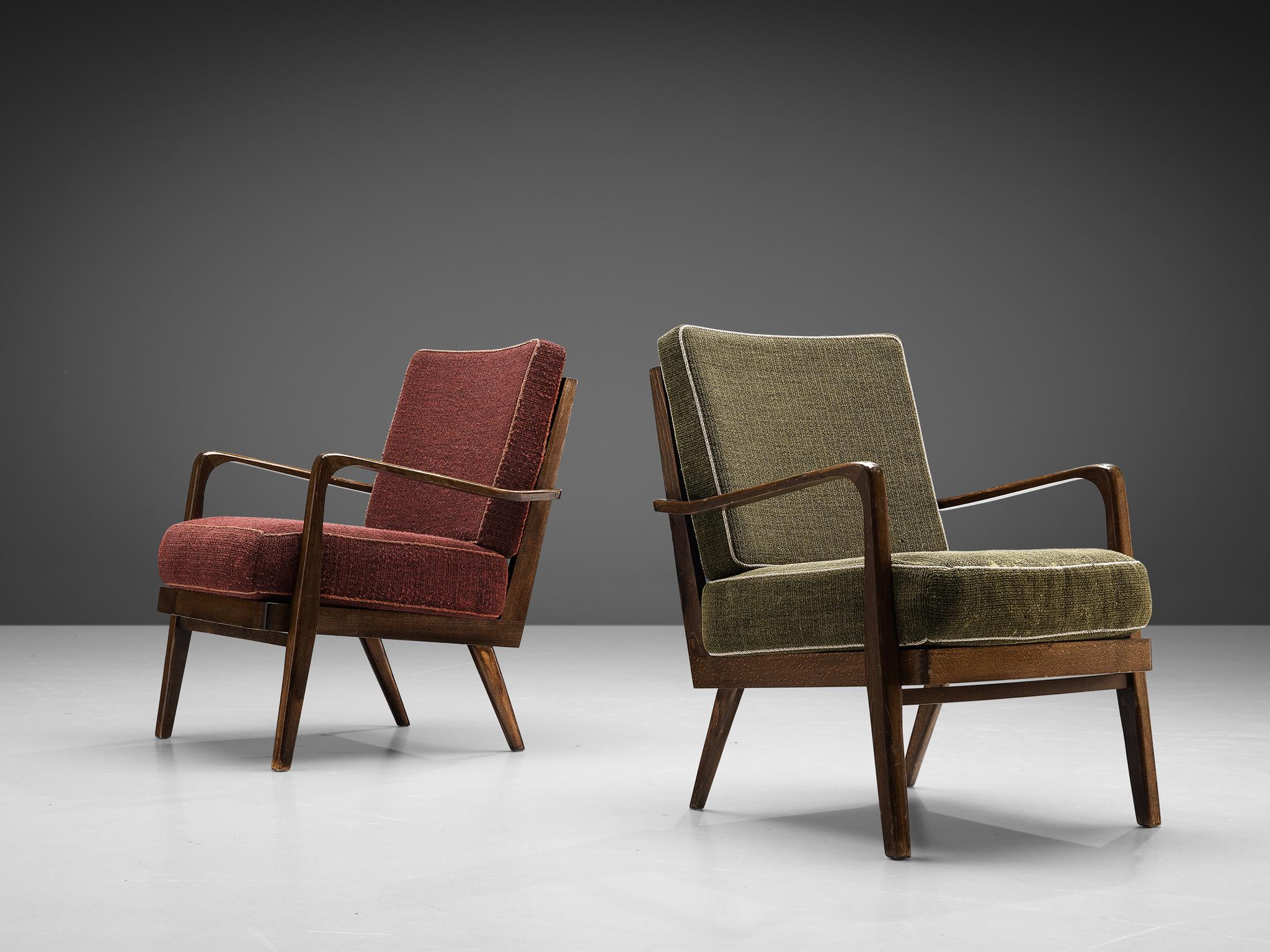 Scandinavian Modern Danish Pair of Armchairs in Green and Burgundy Red Upholstery