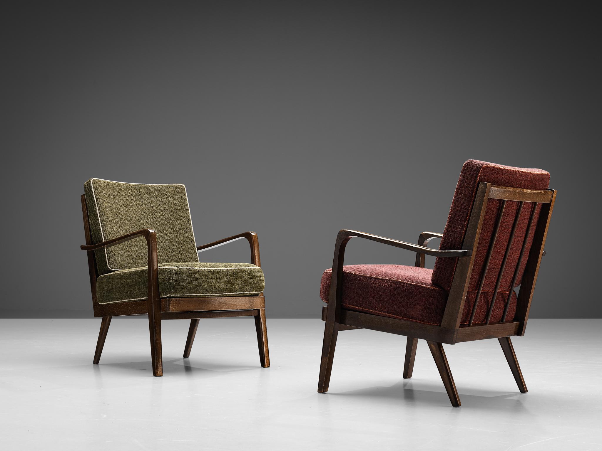 Danish Pair of Armchairs in Green and Burgundy Red Upholstery In Good Condition In Waalwijk, NL